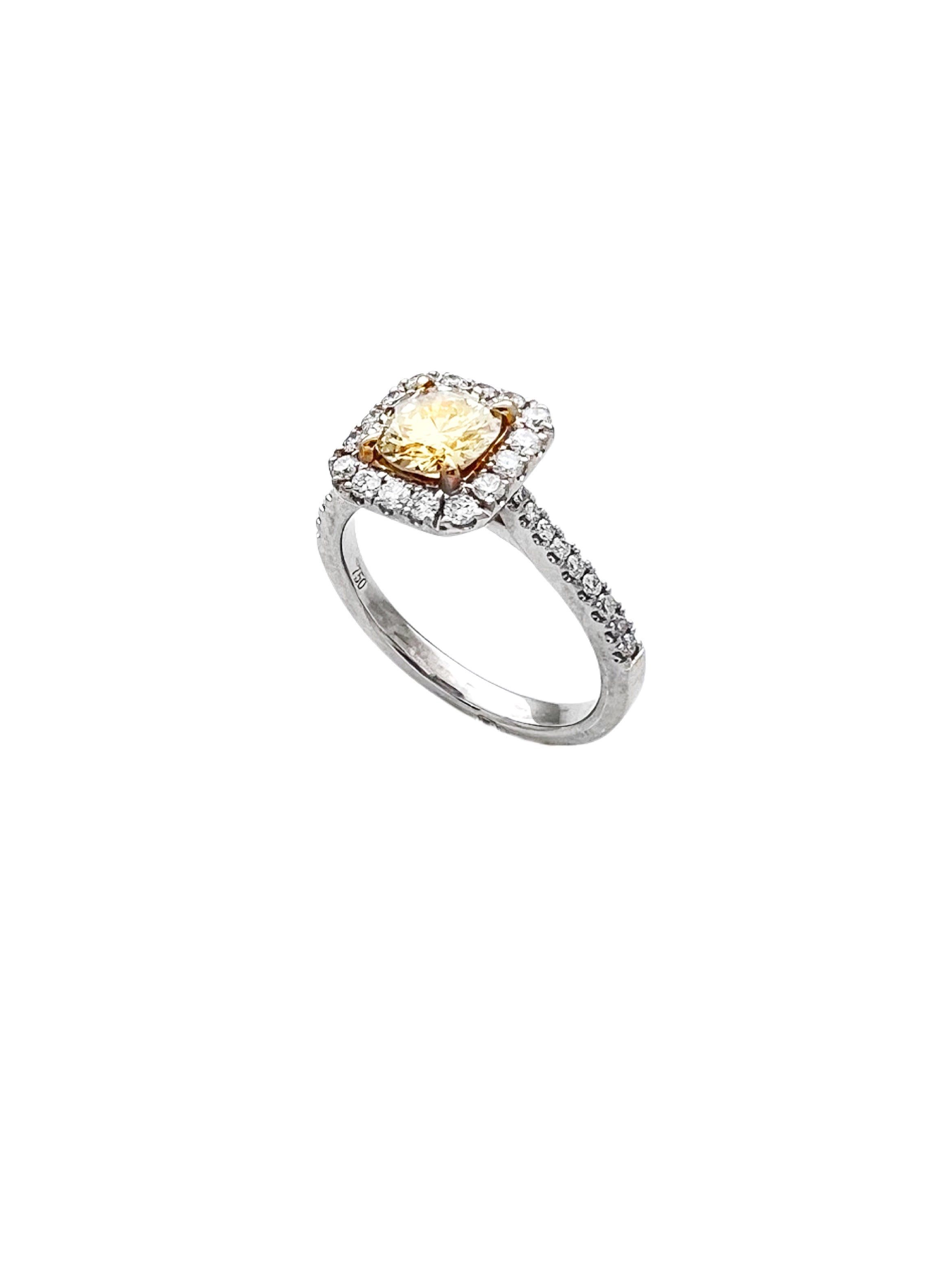 0.81 Carats Natural Diamond Light Yellow (Center Stone) SI1 Certified W/ 0.62 Carats Diamonds 18Kt White & Yellow Gold Ring