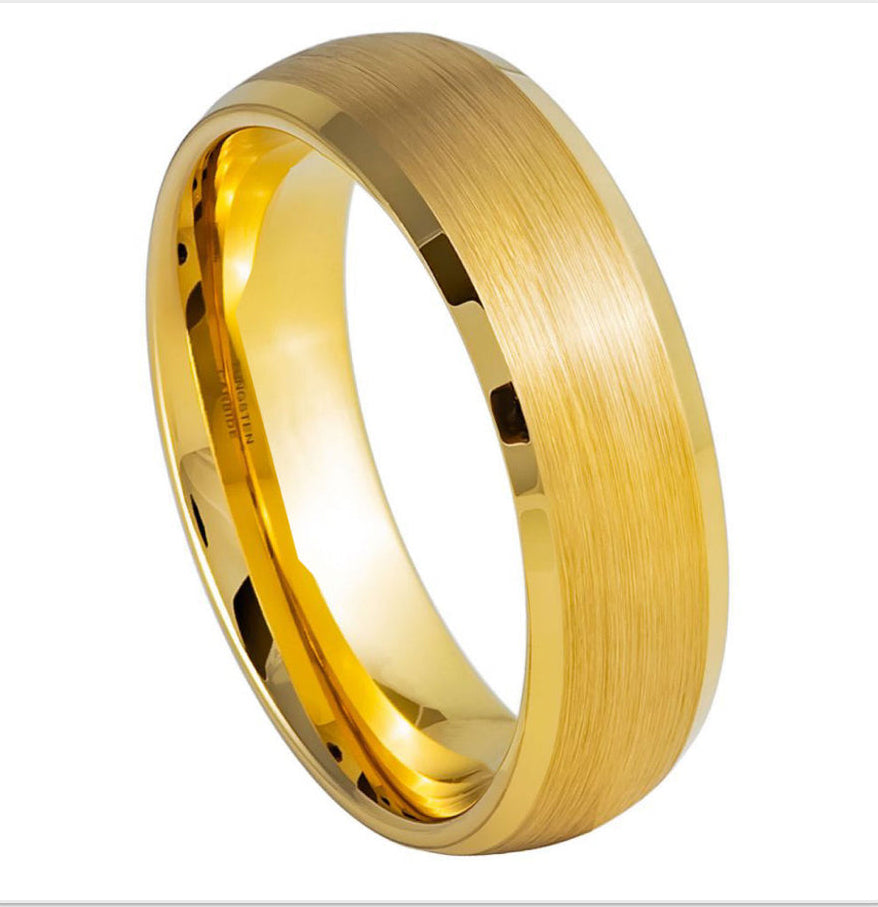 Gold Tungsten Carbide 6mm ion Plating Domed Brushed hi-Polished Bevel Ring