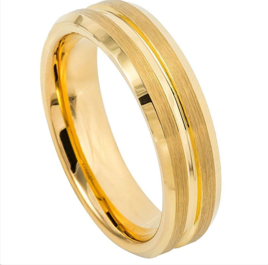 Gold Tungsten Carbide 6mm ion Plating Flat Brushed hi-Polished Groove & Bevel Edge Ring