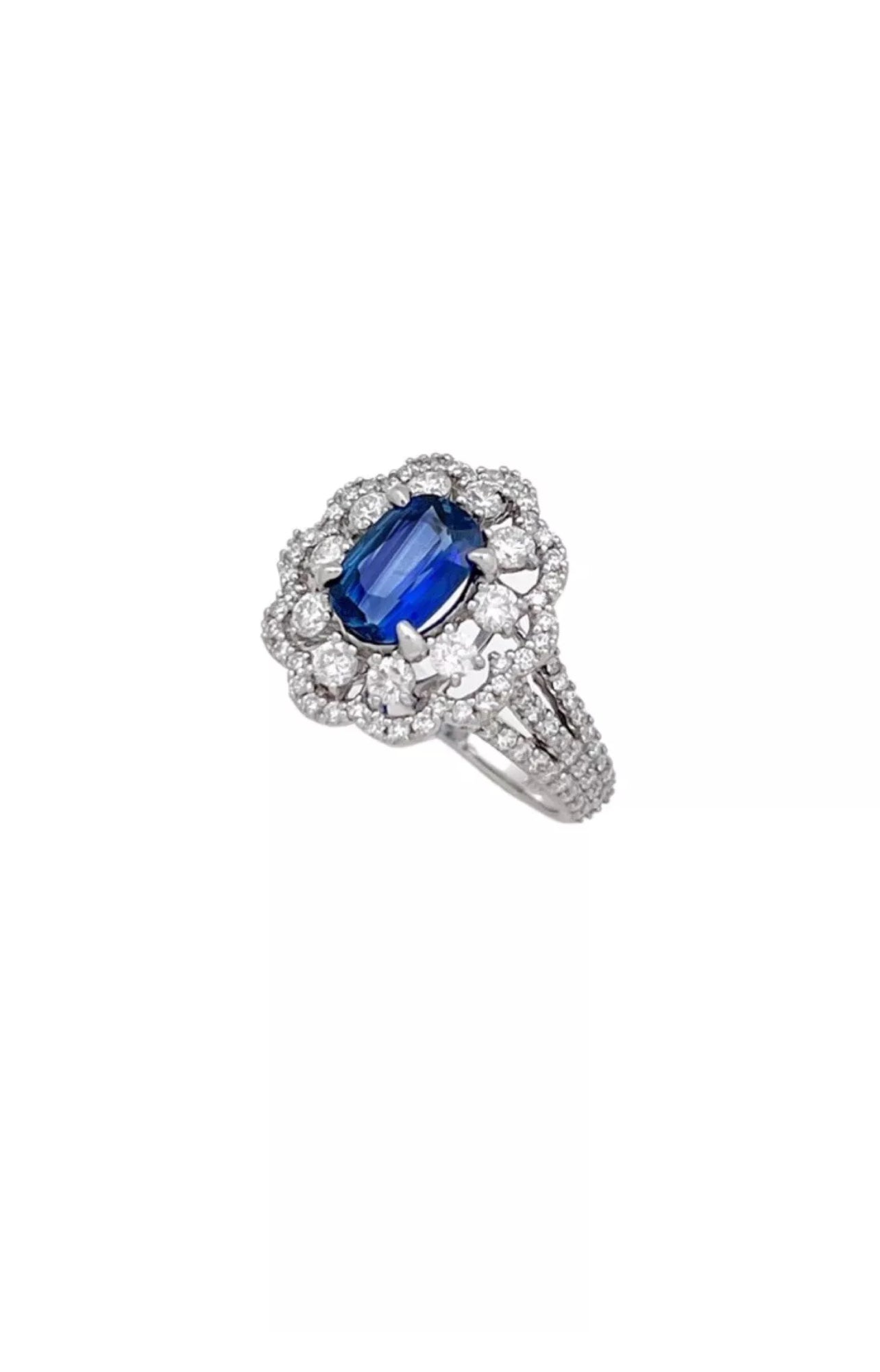 1.230 Carats Light-Dark Blue Ceylon Sapphire GIA (Certified) W/ 1.42 Carats Diamonds, 18K White Gold Ring