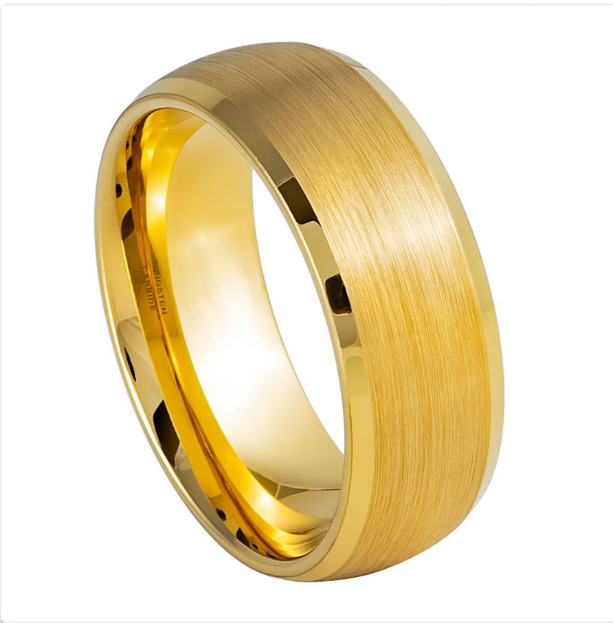 Gold Tungsten Carbide 8mm ion Plating Domed Brushed hi-Polished Bevel Ring