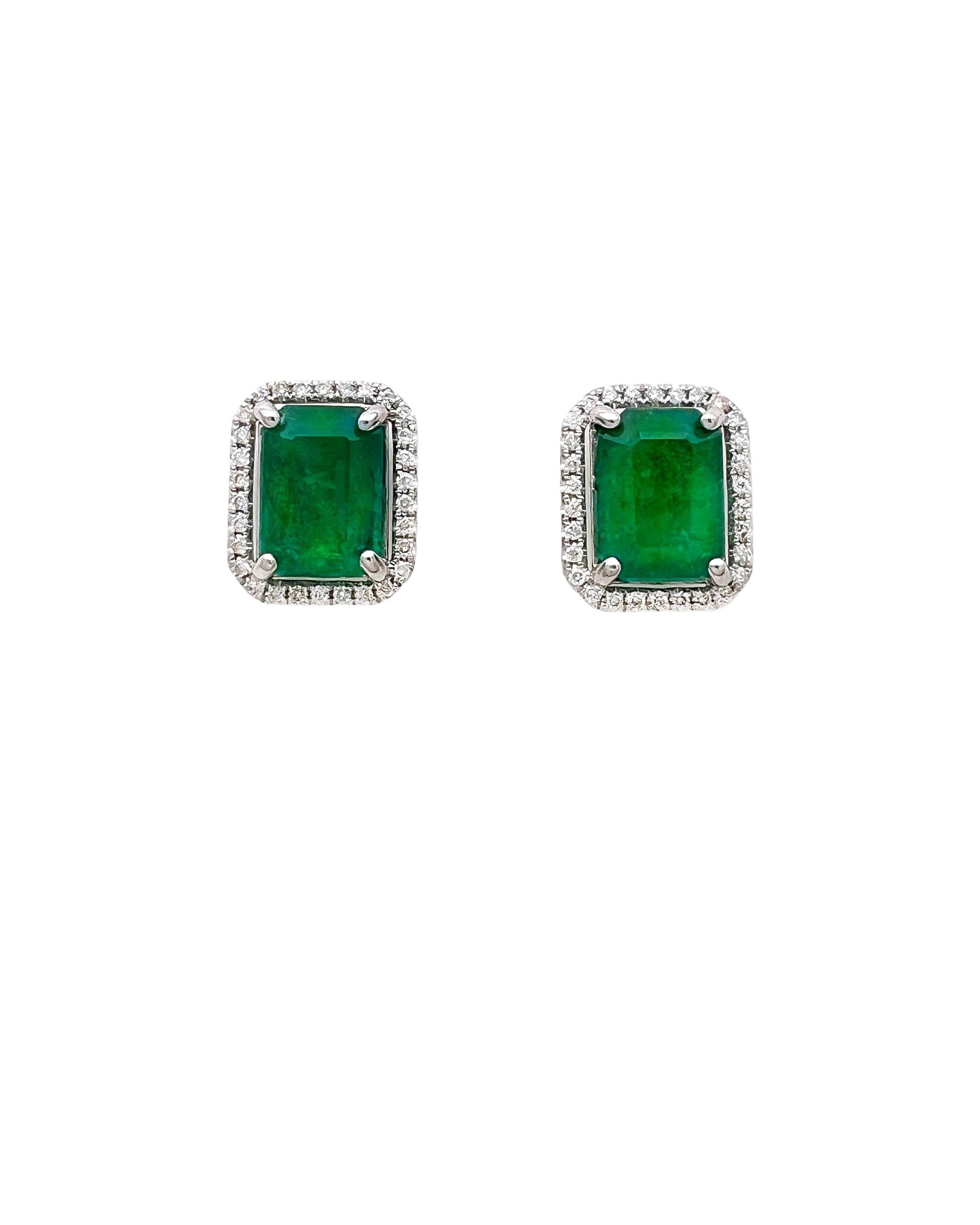 4.47 Carats Brazilian Emeralds F2 (Certified) & 0.42 Carats Diamonds Set 14k White Gold Earrings