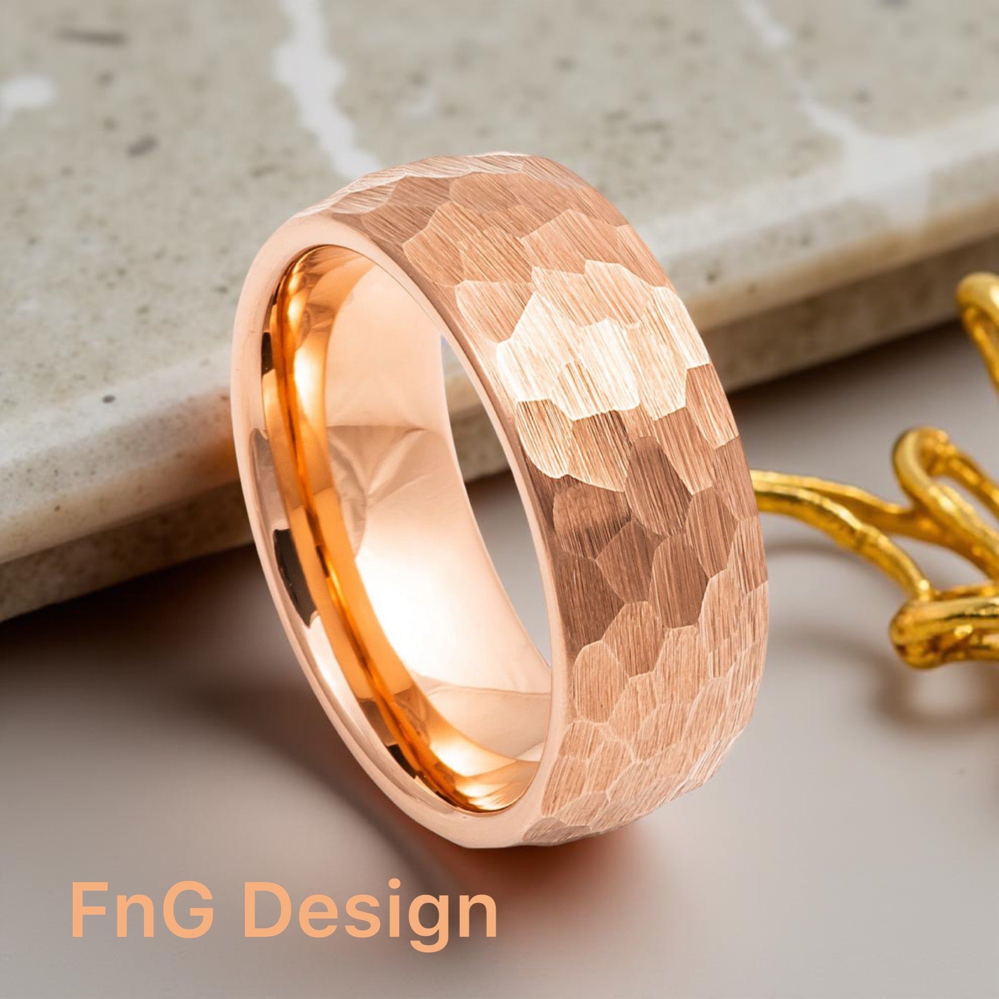 Rose Gold Tungsten Carbide 8mm ion Plating Dome Hammered Brushed Pipe-Cut Ring