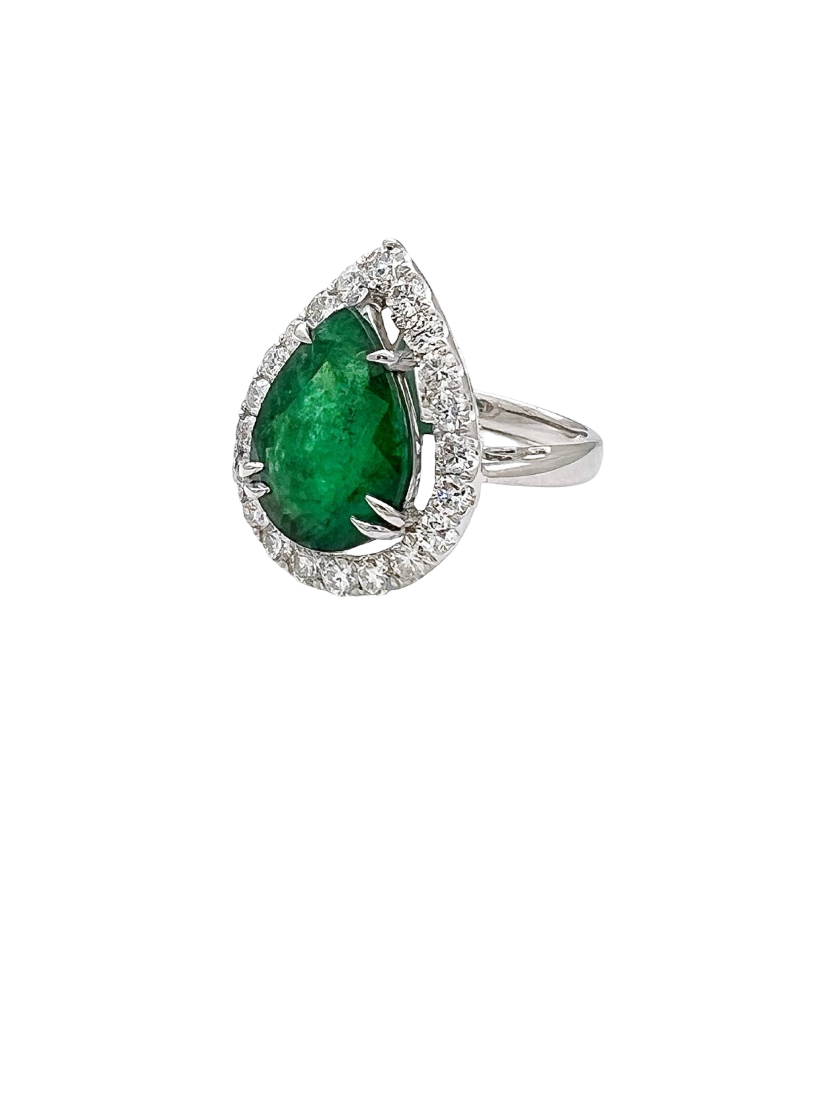 4.72 Carats Brazilian Emerald F2 (Certified) & 1.39 Carats Diamonds VS2 Set In 18K White Gold Ring