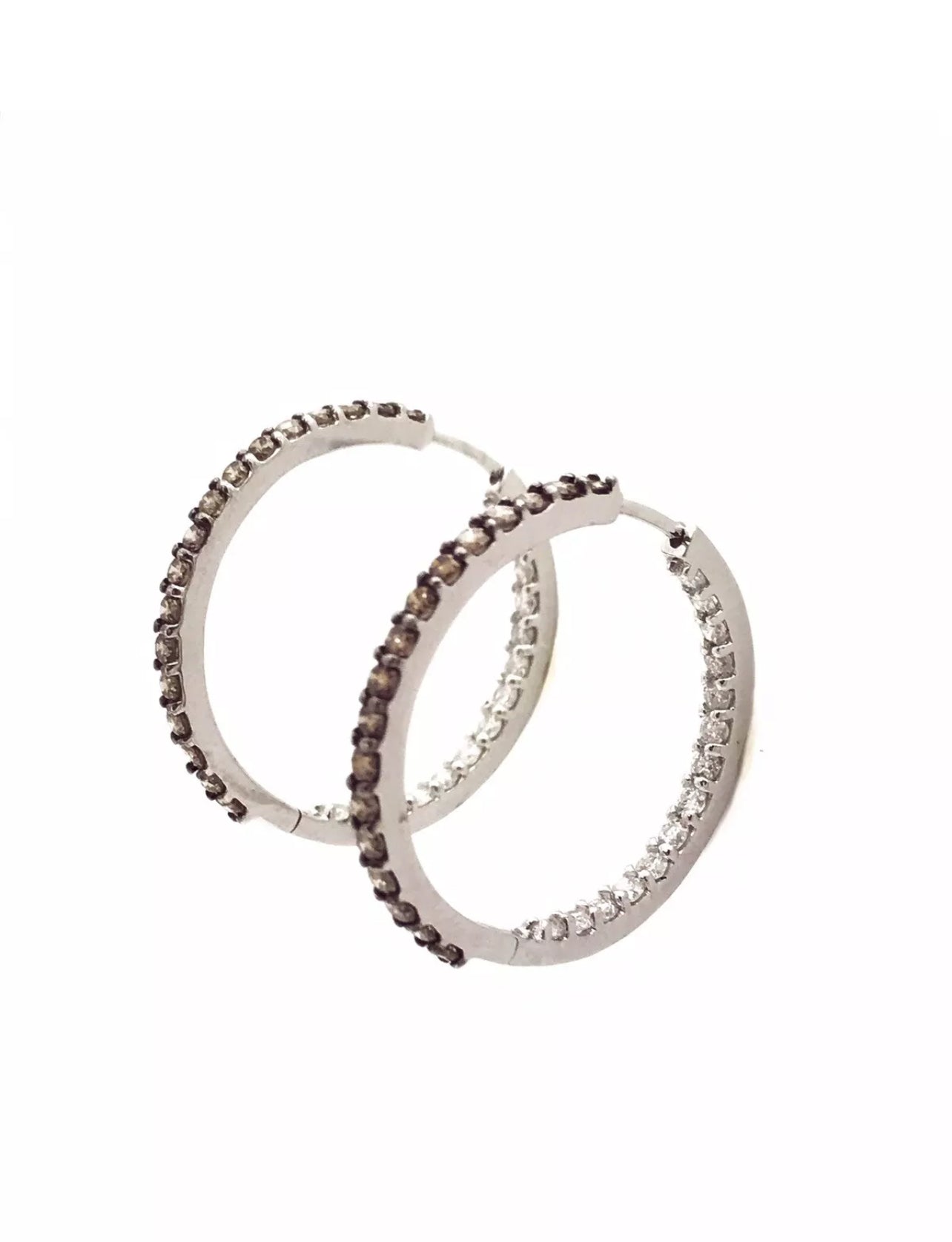 2.07 Total Carat Weight Diamonds Wht-Choc (IN-Out)14K White Gold Hoop Earrings