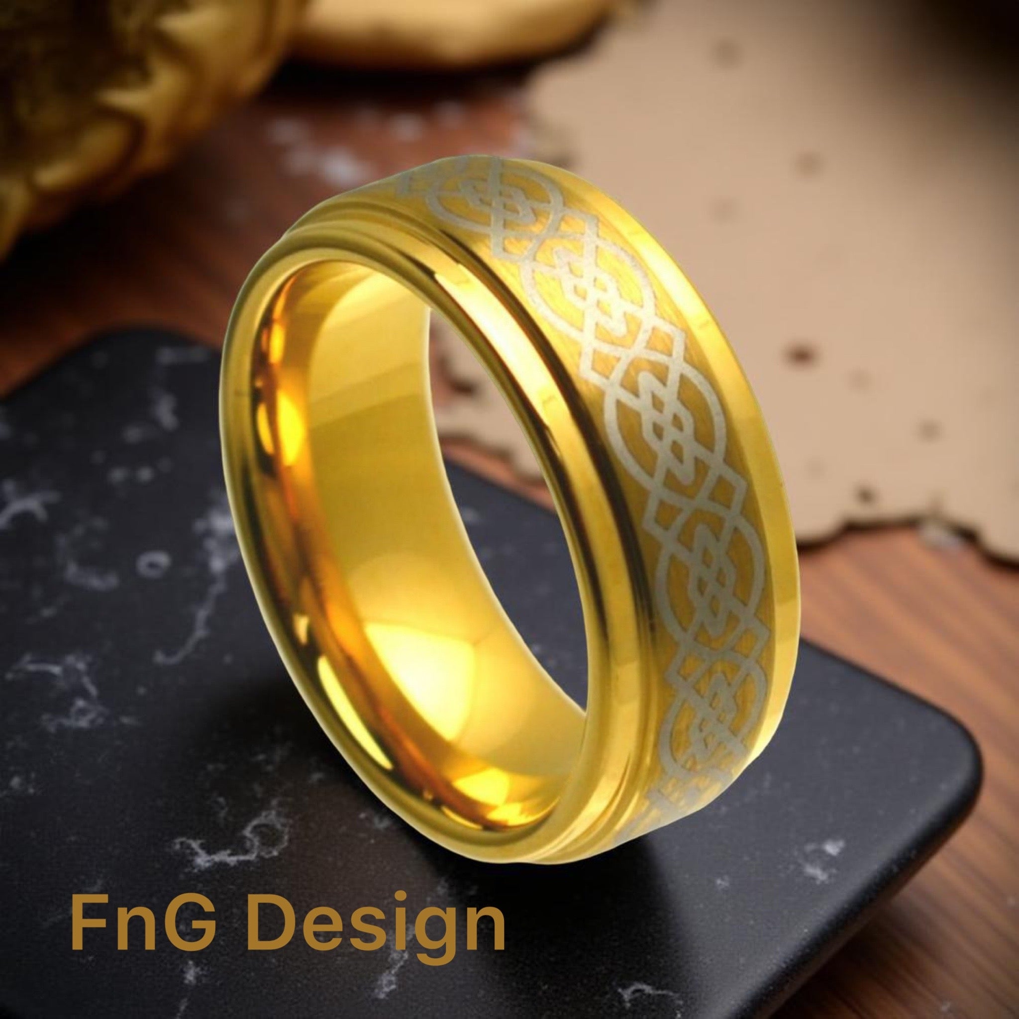 Gold Tungsten Carbide 8mm ion Plating Flat Laser Engraved Silver Celtic Knot-Work Finished hi-Polished Stepped Edge Ring