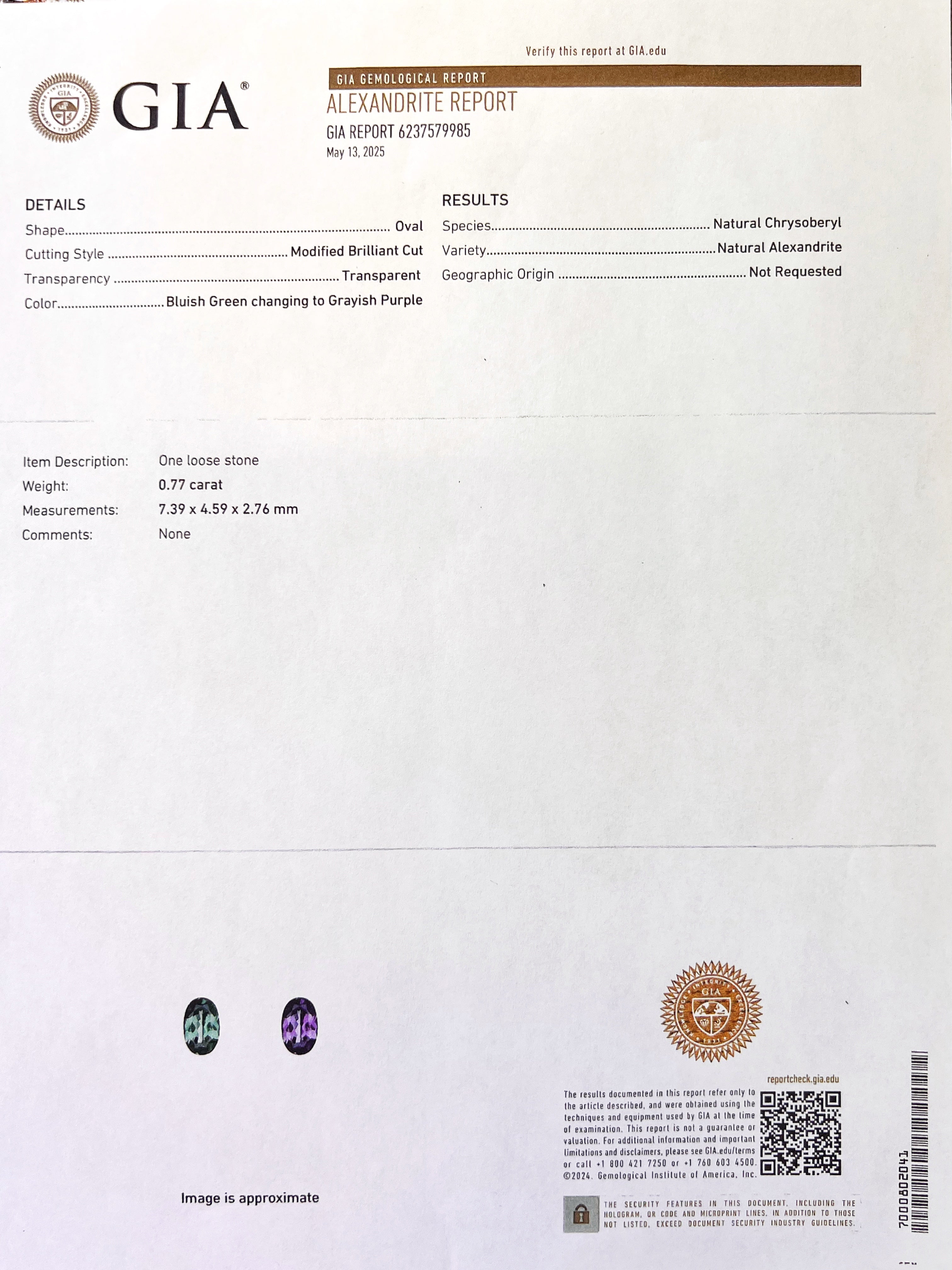 0.77 Carats Alexandrite GIA (Certified) & 0.52 Carats Diamond VS2 Set In 14K White Gold Ring