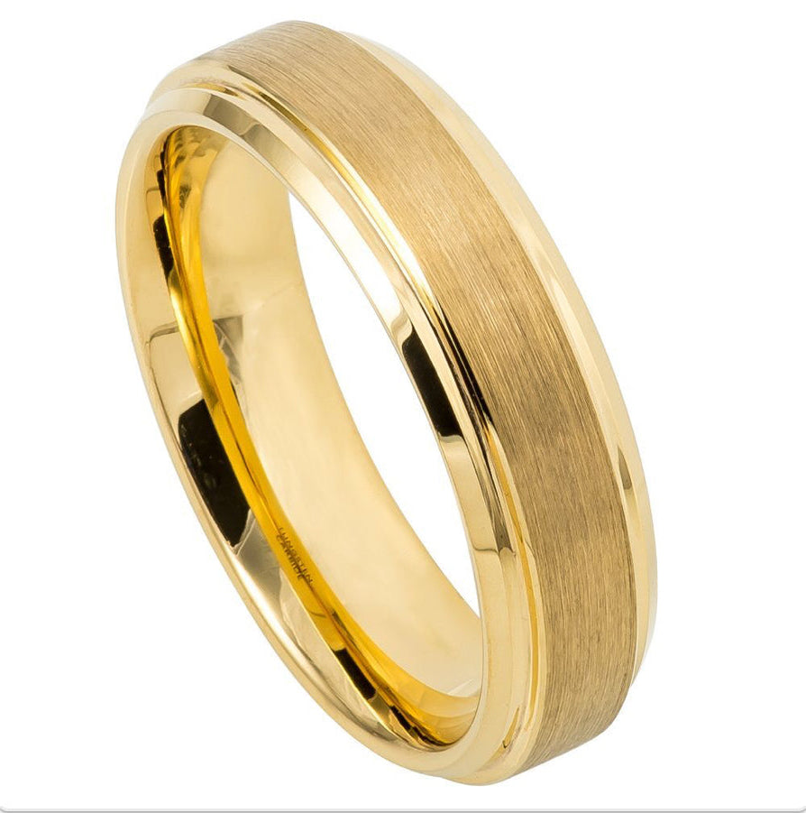 Gold Tungsten Carbide 6mm ion Plating Flat Brushed Stepped Edge Ring