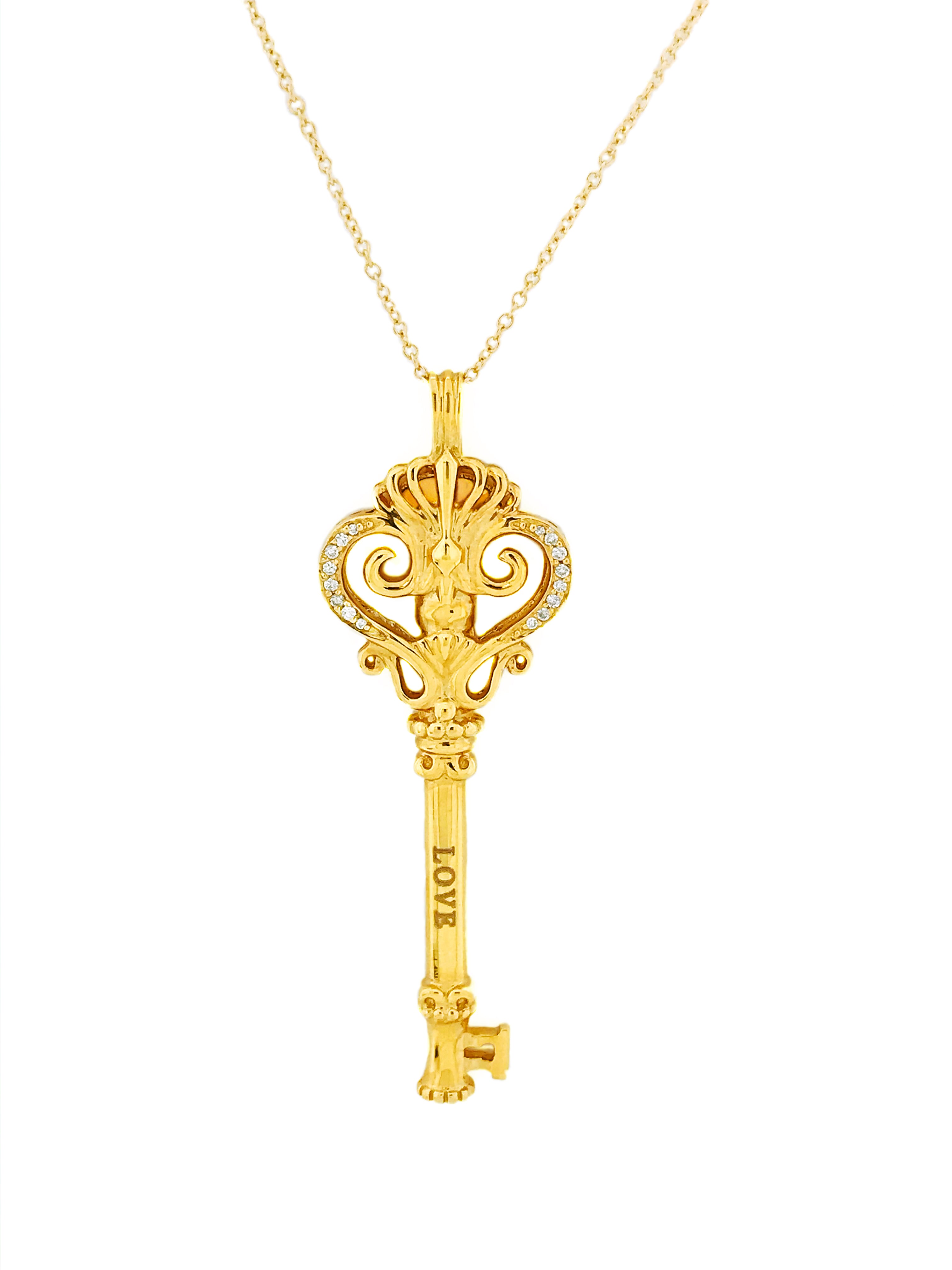 0.12 Carats Diamonds 14K Yellow Gold “Love” Key Pendant & Chain