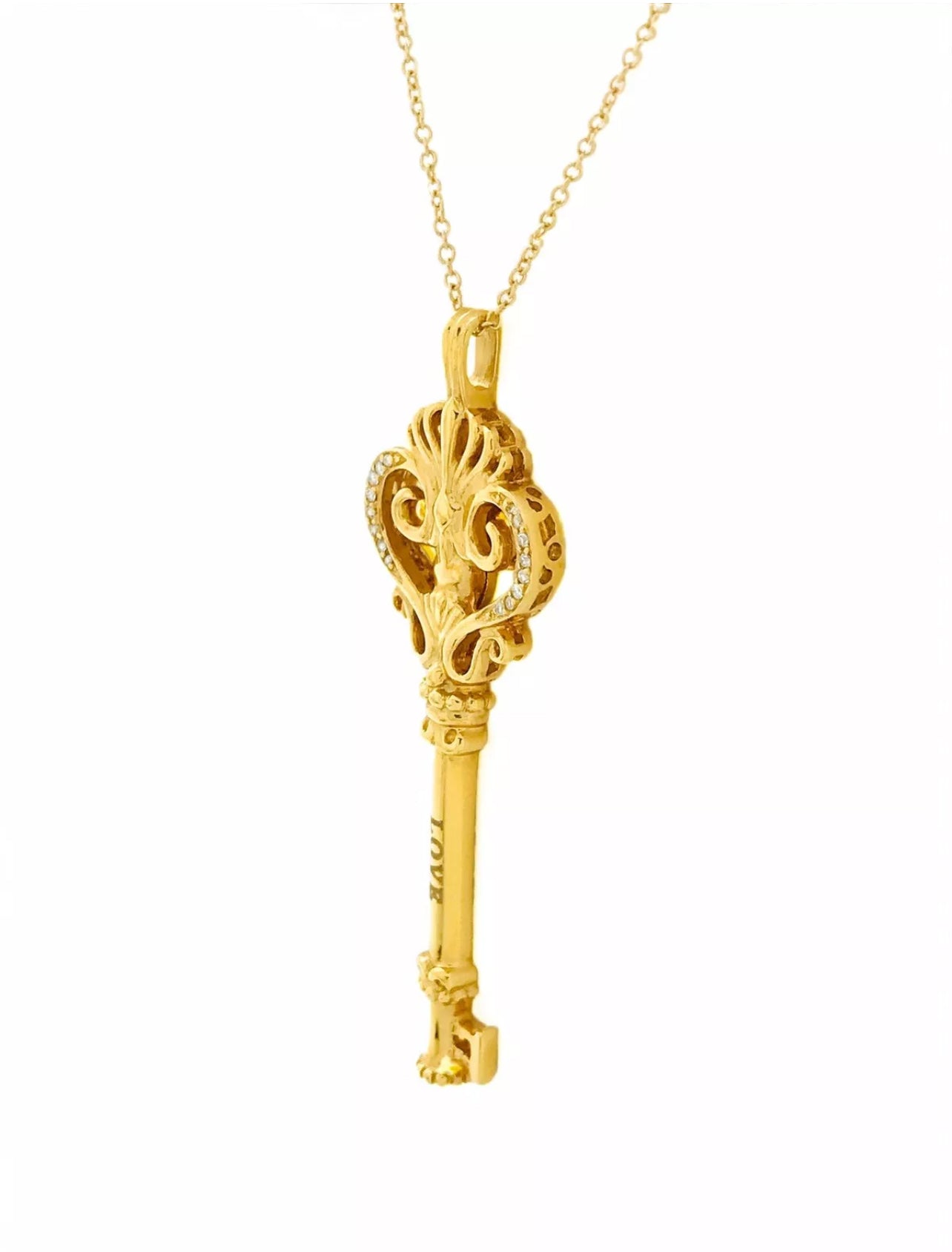 0.12 Carats Diamonds 14K Yellow Gold “Love” Key Pendant & Chain