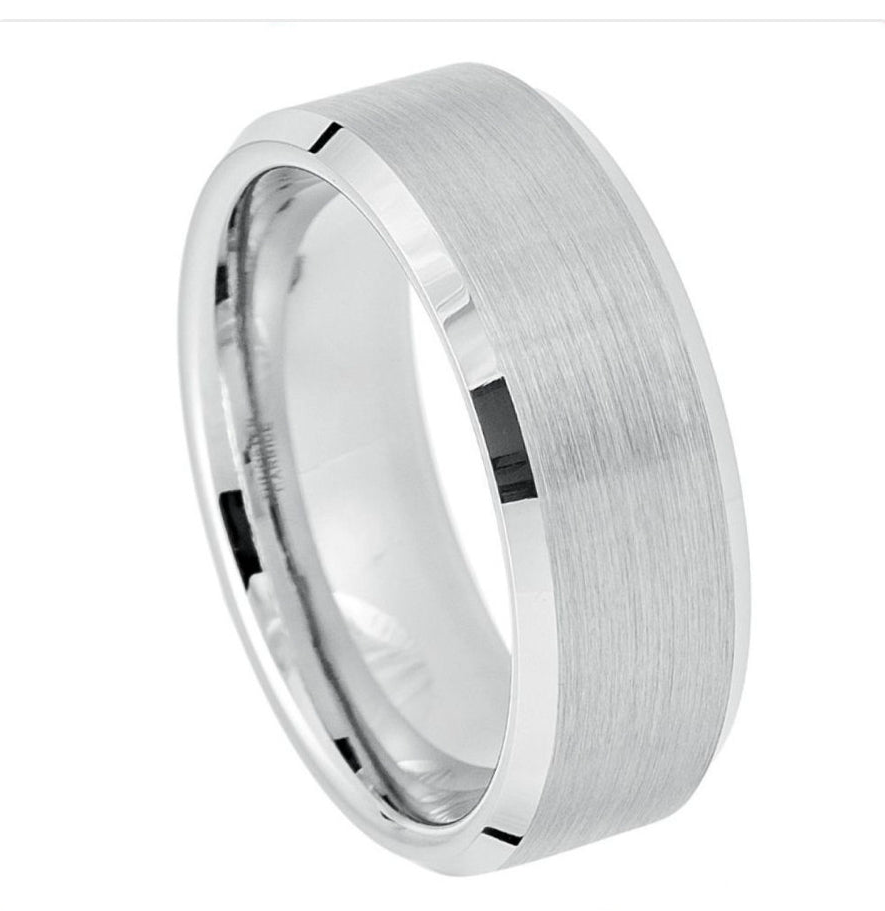 White Tungsten Carbide 8mm ion-Plating Beveled hi-Polished Brushed Finish Ring