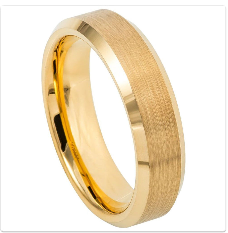 Gold Tungsten Carbide 6mm ion Plating Flat Brushed hi-Polished Bevel Ring
