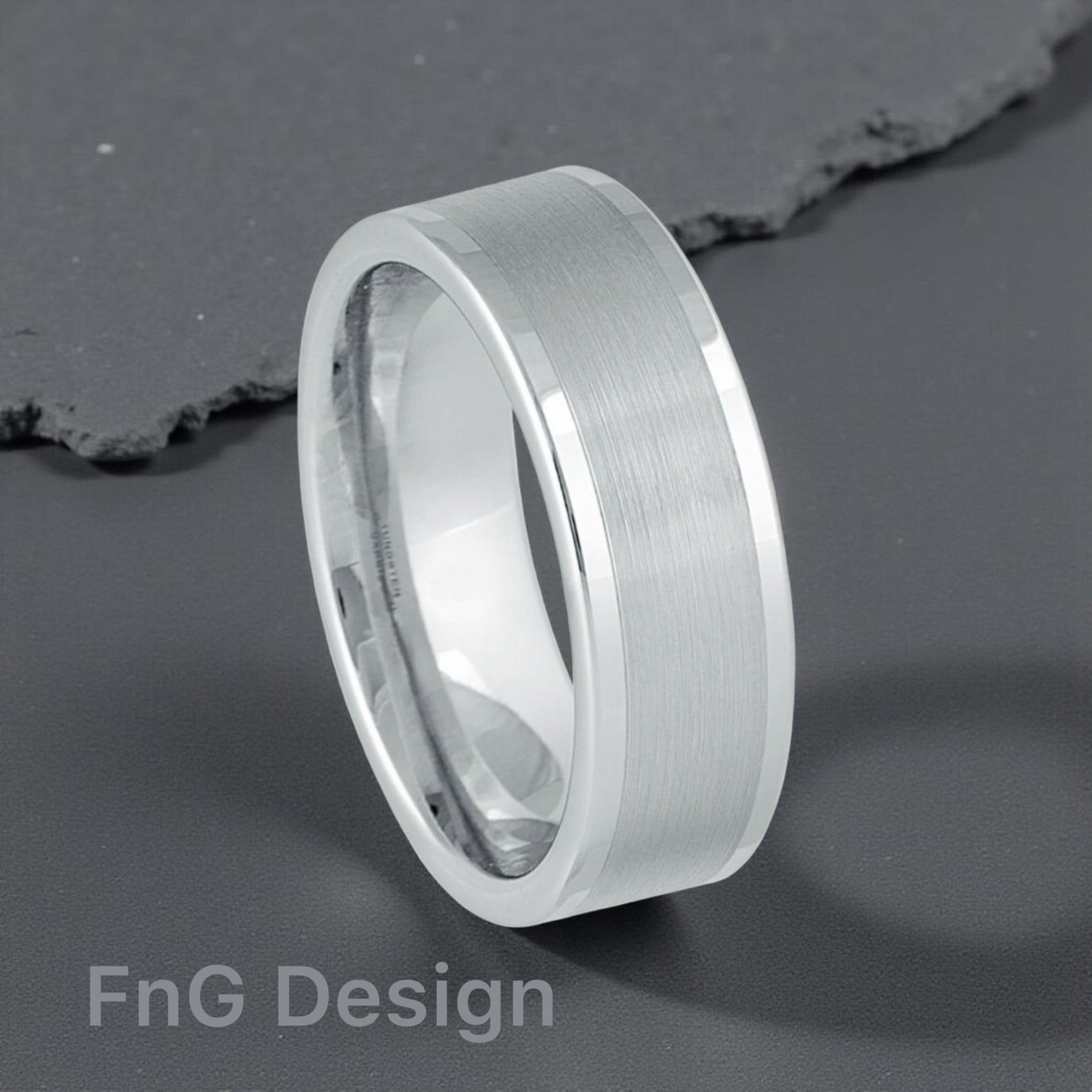 White Tungsten Carbide 8mm ion Plating Flat hi-Polished Center Brushed Finish Ring
