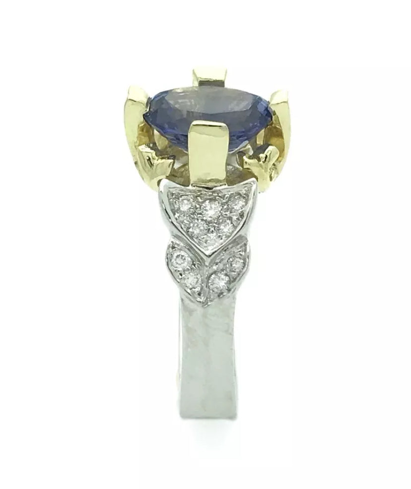 2.46 Cts Bluish-Violet Ceylon Sapphire Unheat Cert W/ Dia 18K Wht-Yel Gold Ring