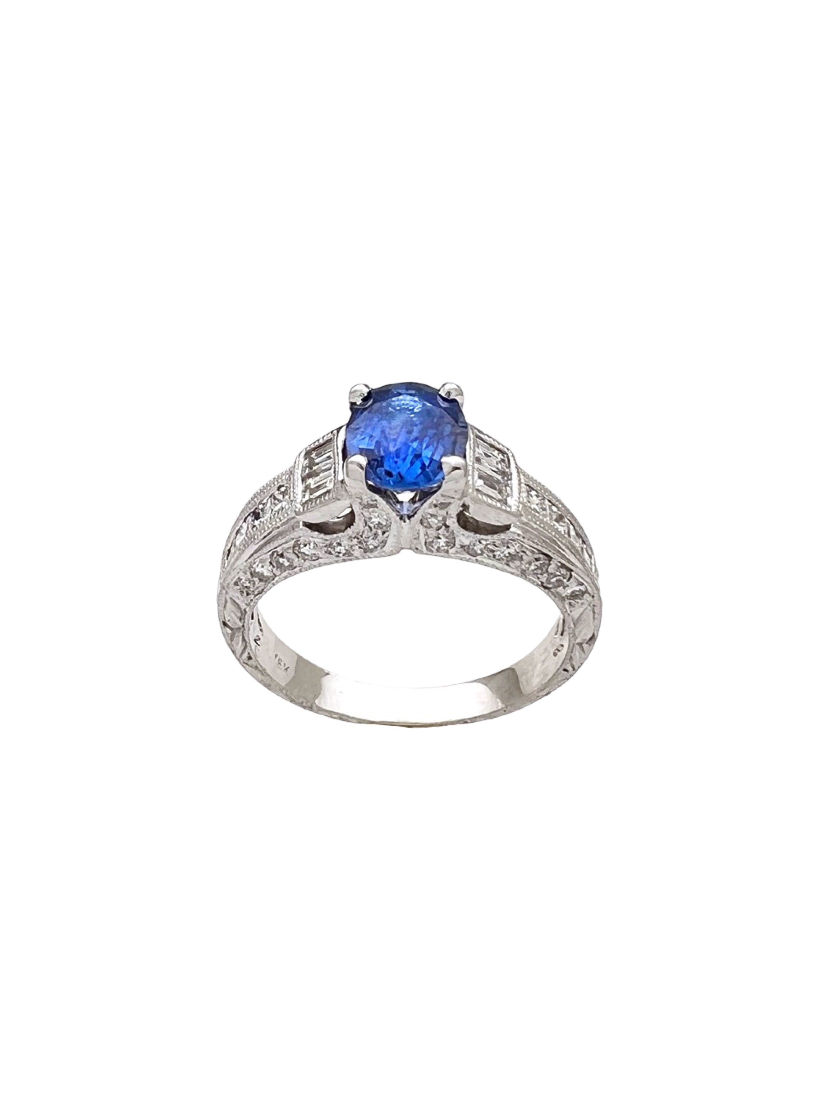 1.141Cts Medium-Dark Blue Sapphire Cert. W/1.02Cts Diamond 14K White Gold Ring