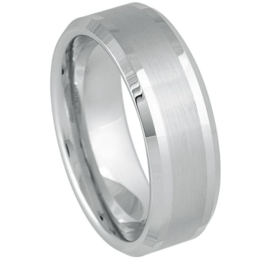 White Tungsten Carbide 8mm ion Plating Flat Beveled hi-Polished Center Brushed Finish Ring