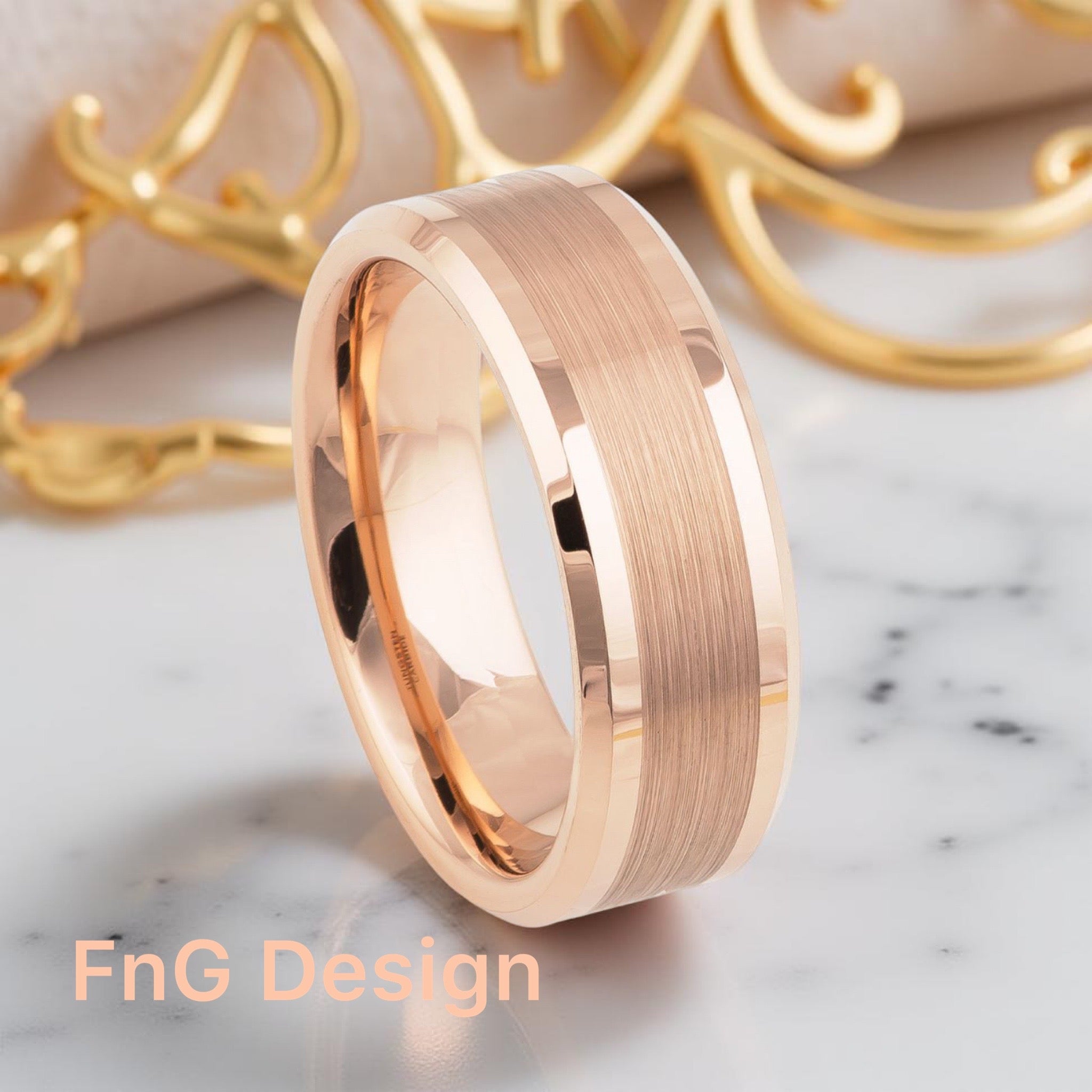Rose Gold Tungsten Carbide 8mm ion Plating Flat Brushed Center hi-Polished Pipe Beveled Edge Ring
