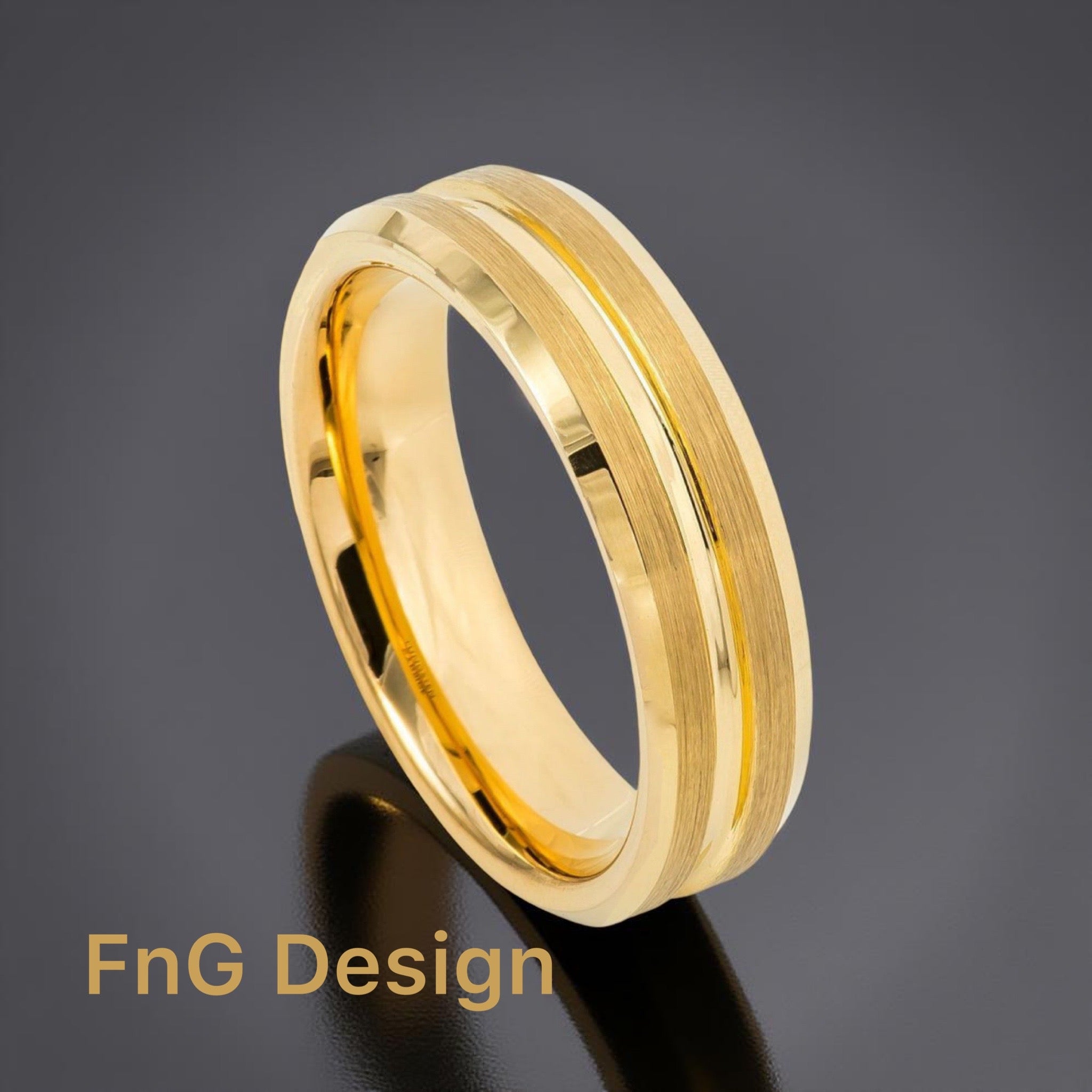 Gold Tungsten Carbide 6mm ion Plating Flat Brushed hi-Polished Groove & Bevel Edge Ring