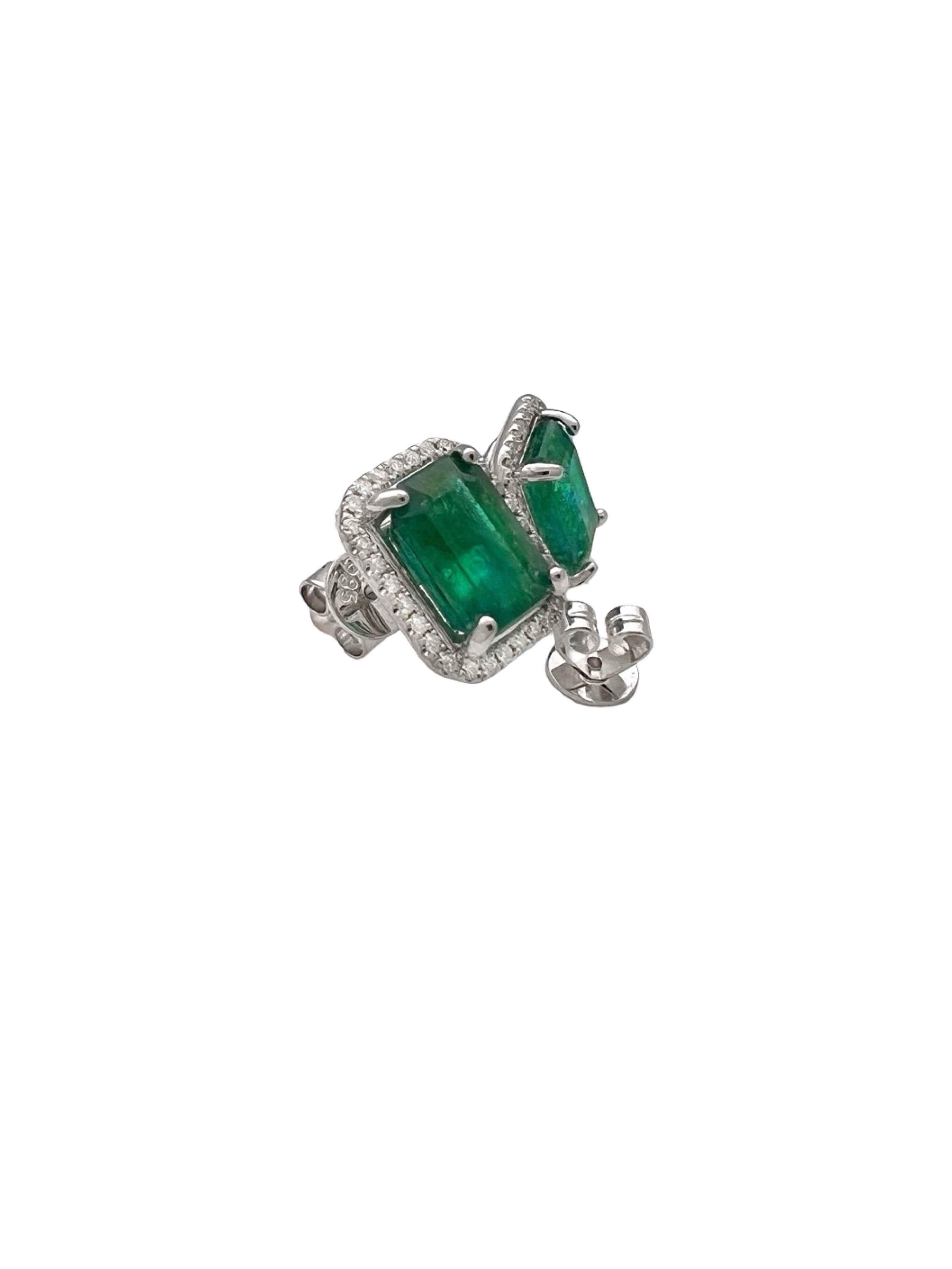 4.47 Carats Brazilian Emeralds F2 (Certified) & 0.42 Carats Diamonds Set 14k White Gold Earrings