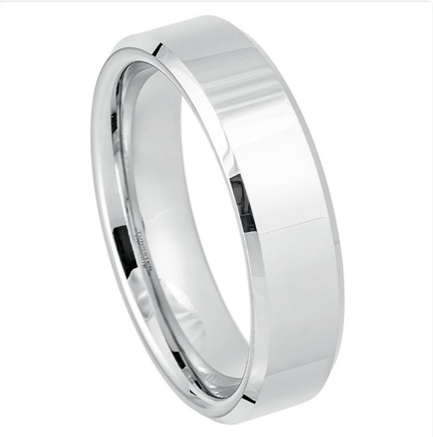 White Tungsten Carbide 6mm ion Plating Flat Beveled hi-Polished Finish Ring