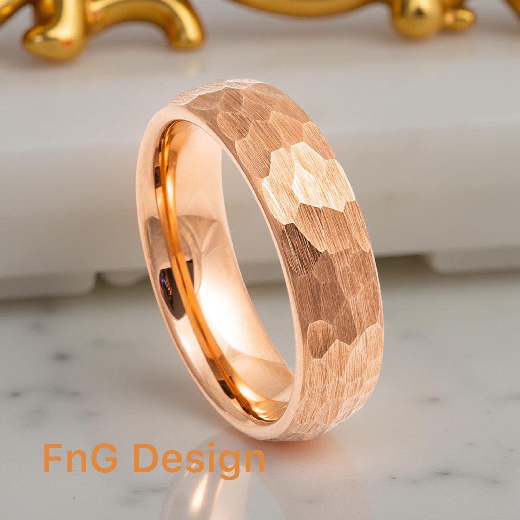 Rose Gold Tungsten Carbide 6mm ion Plating Dome Hammered Brushed Pipe-Cut Ring