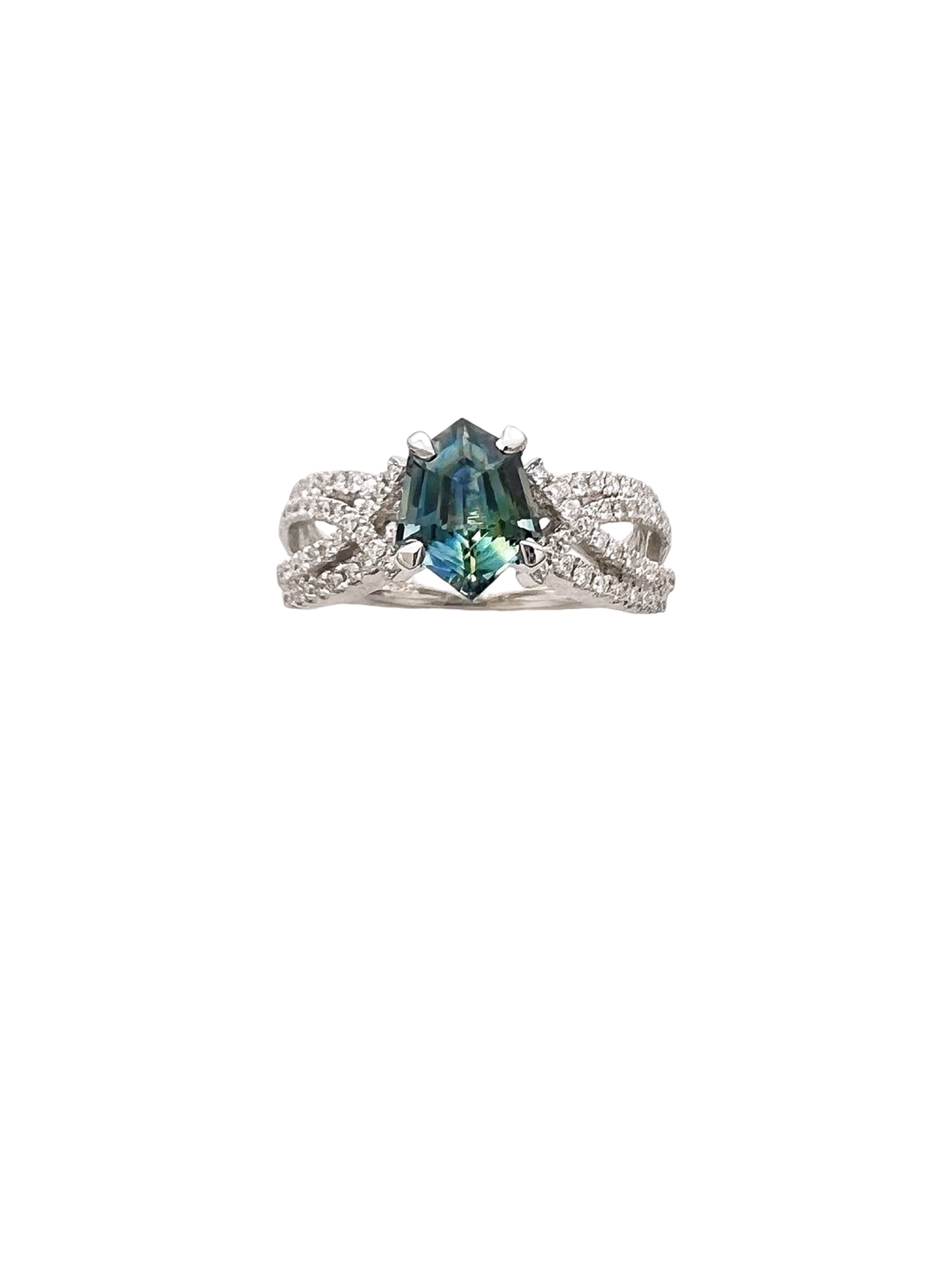 1.28 Carats Madagascar Sapphire No Heat (Certified) & 0.57 Carats Diamonds Set In 14 Karat White Gold Ring