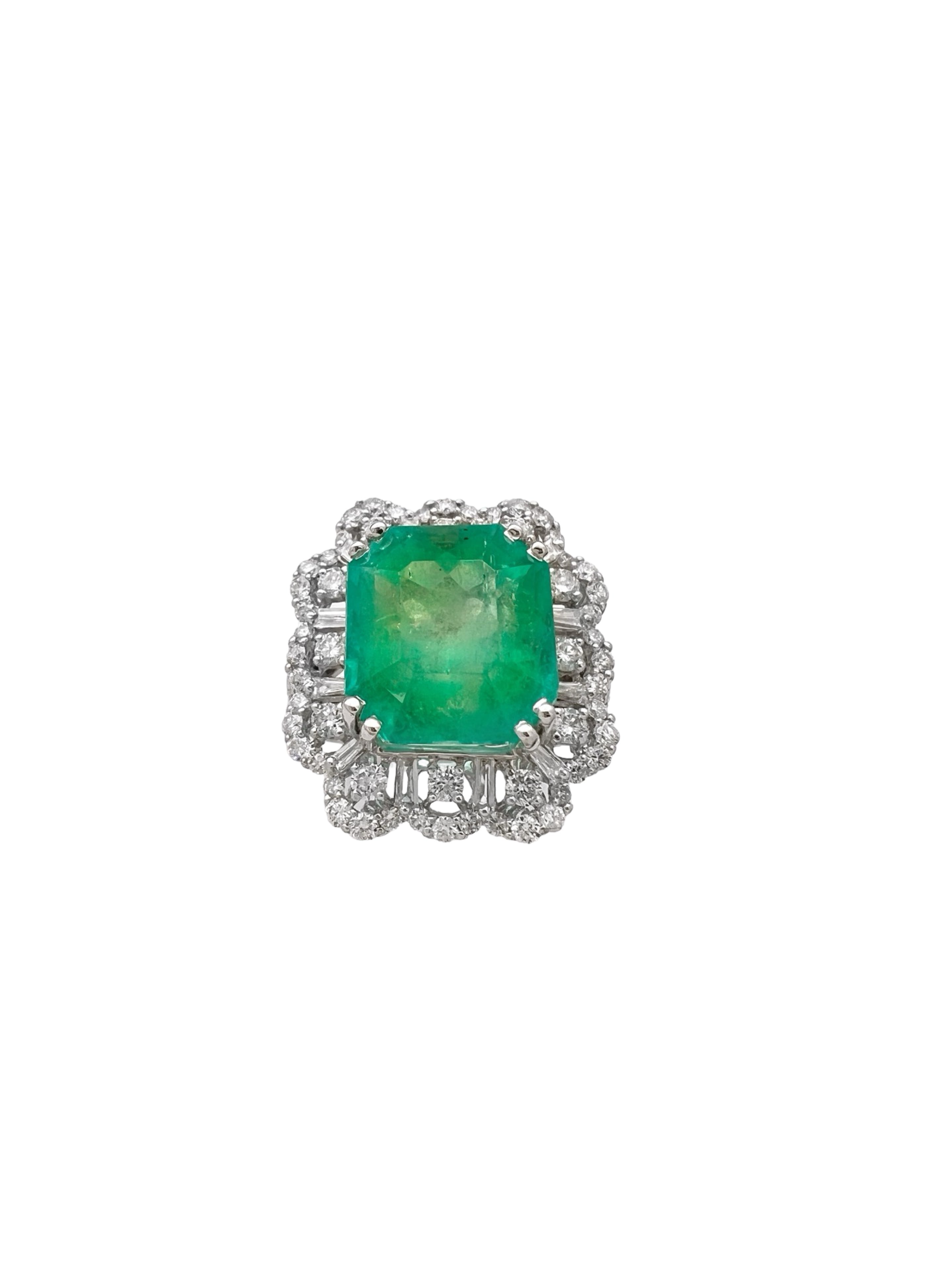 9.76Cts Colombian Emerald F1 (Certified) & 2.61Cts Diamonds VS2 Set 18Kt White Gold Ring
