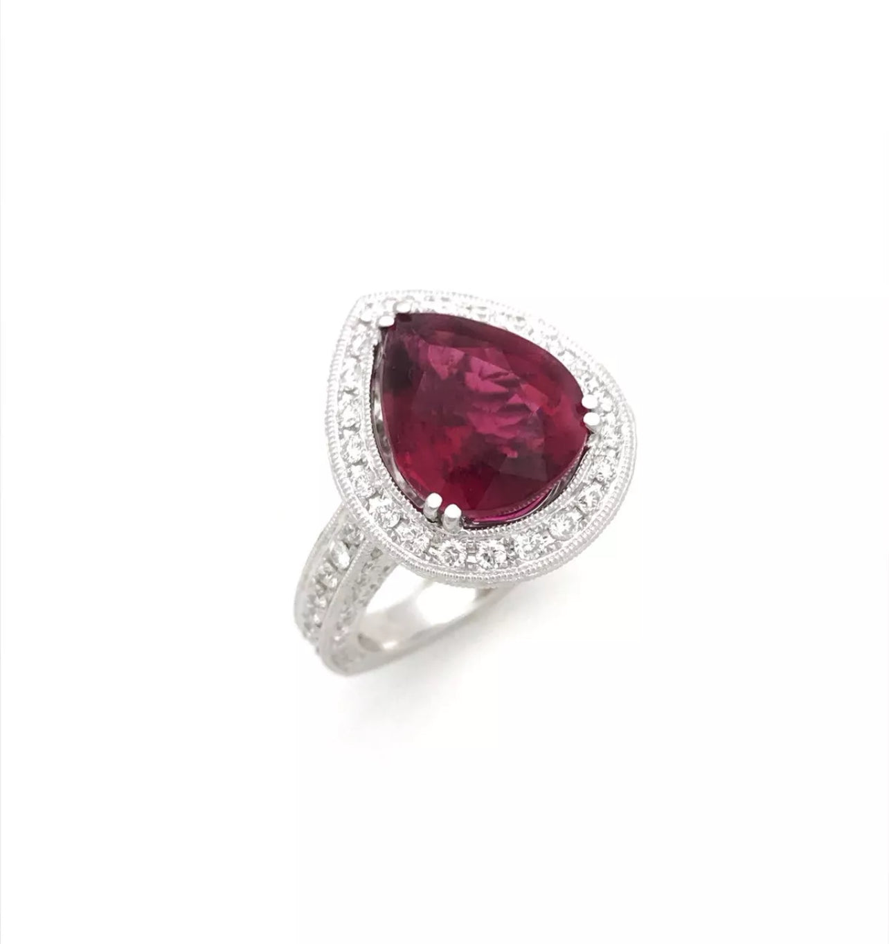 3.88Cts Rubellite Tourmaline (Certified) W/ 2.10Cts Diamonds 18K White Gold Ring