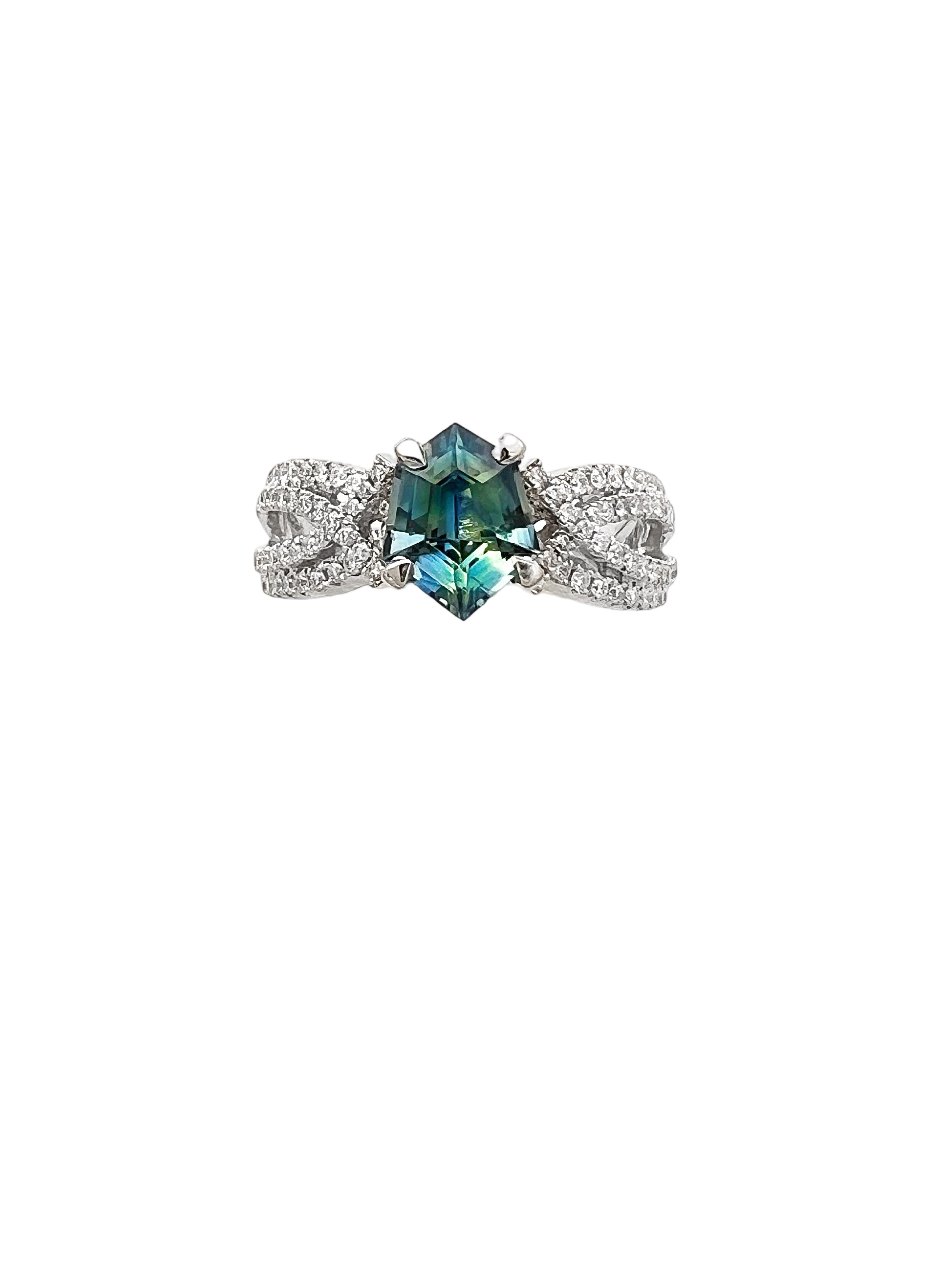 1.28 Carats Madagascar Sapphire No Heat (Certified) & 0.57 Carats Diamonds Set In 14 Karat White Gold Ring
