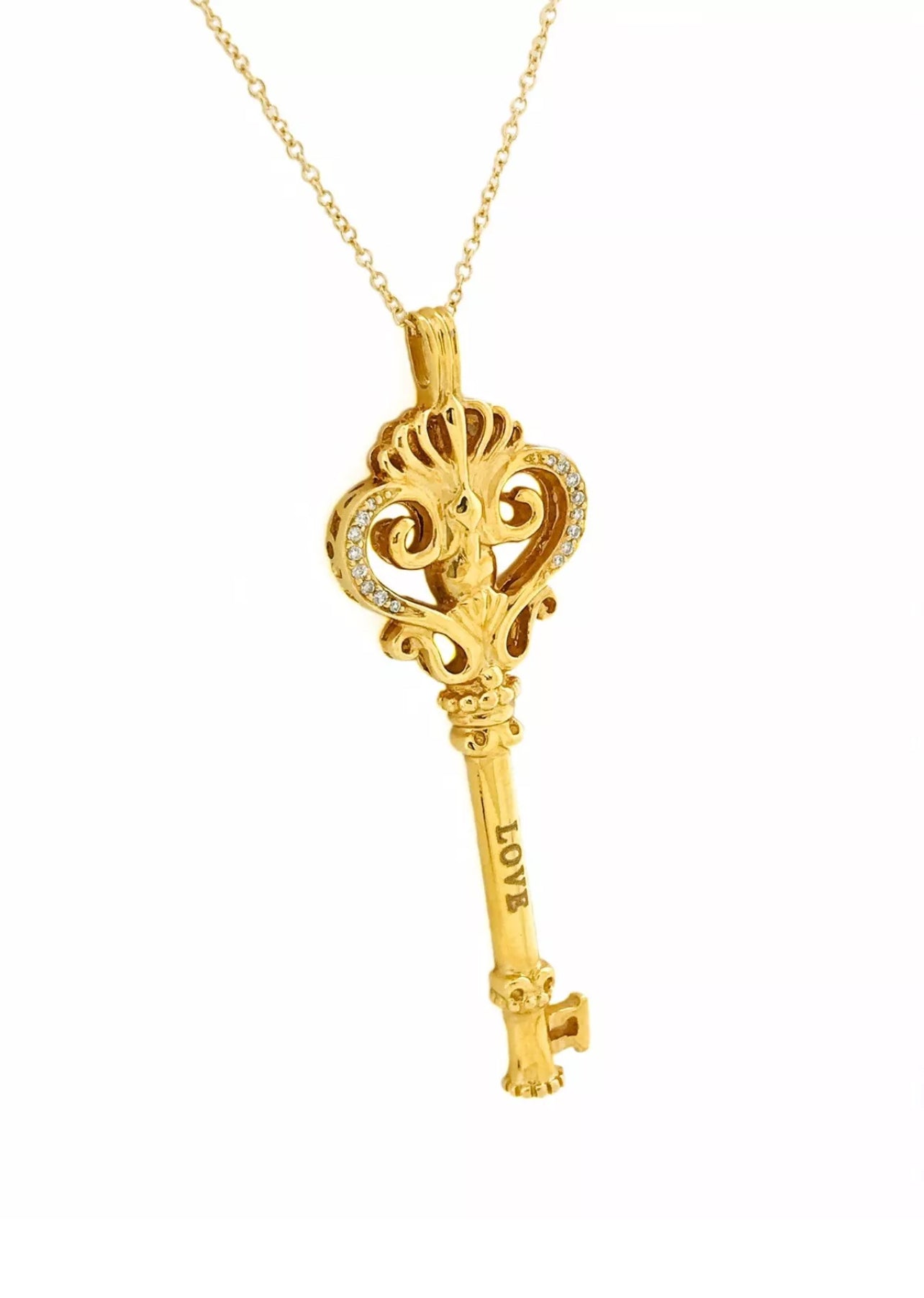 0.12 Carats Diamonds 14K Yellow Gold “Love” Key Pendant & Chain