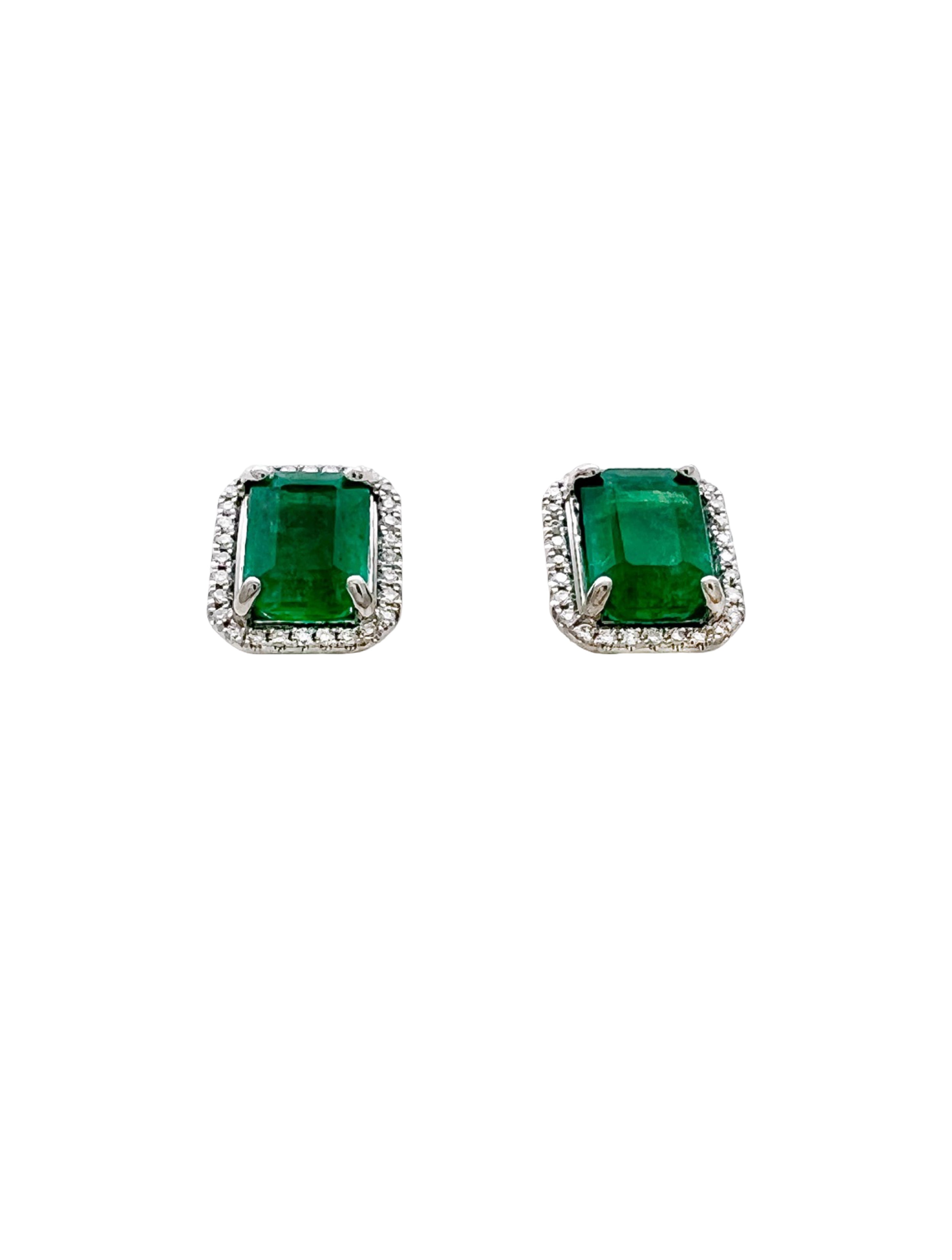 4.47 Carats Brazilian Emeralds F2 (Certified) & 0.42 Carats Diamonds Set 14k White Gold Earrings