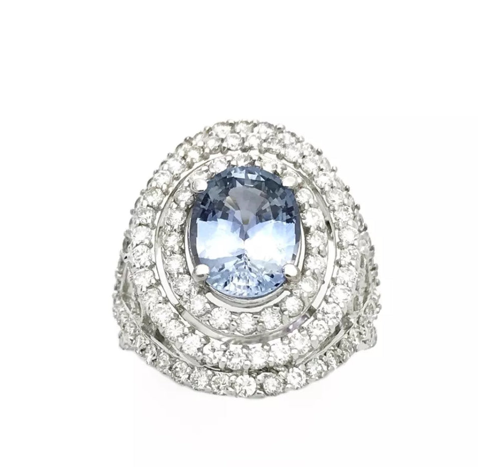 3.86Cts Sapphire Unheated(Lite Violetish-Blue) 2.65Cts Diamond 14K White Gold Ring