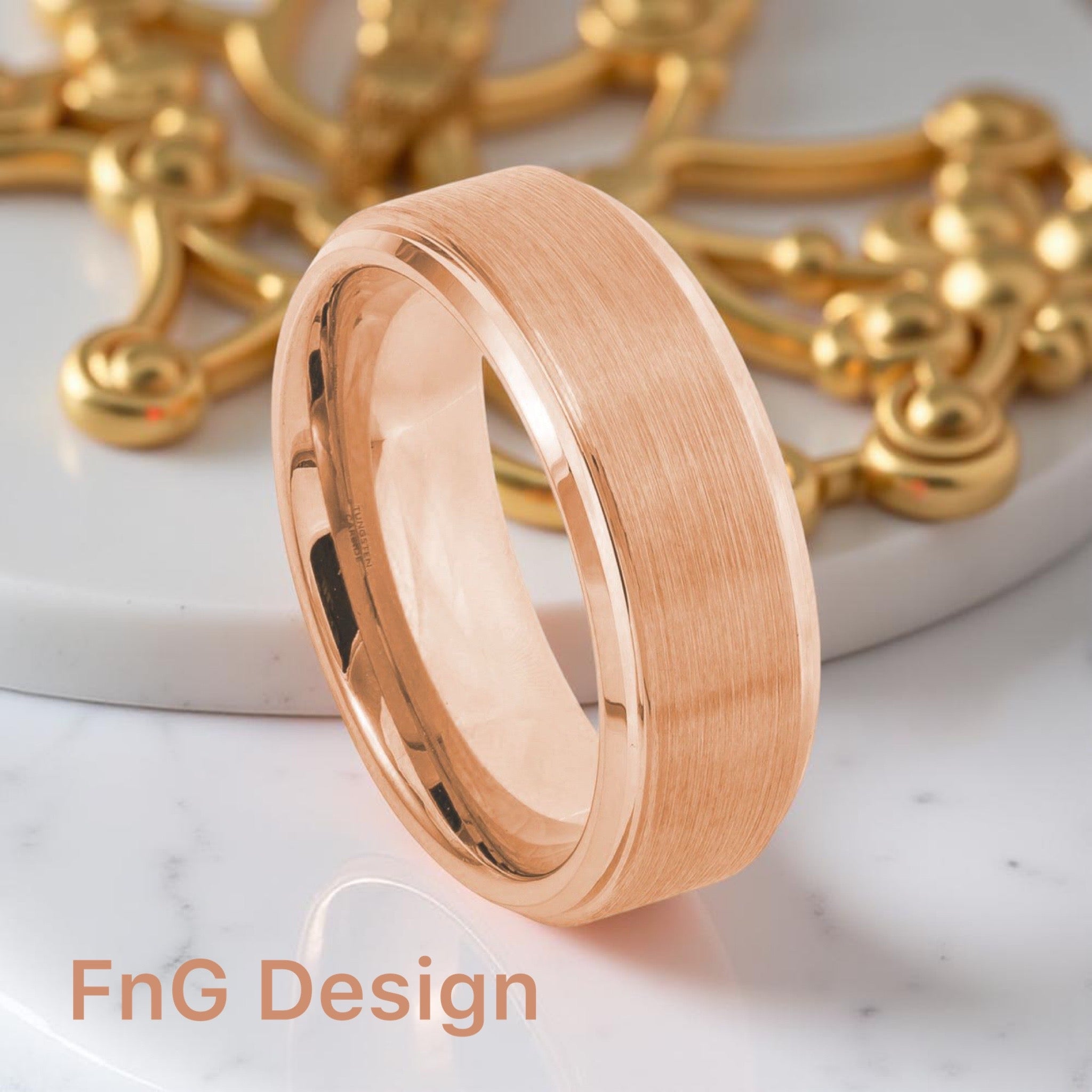 Rose Gold Tungsten Carbide 8mm ion Plating Flat Brushed Center & hi-Polished Step Cut Edge Ring