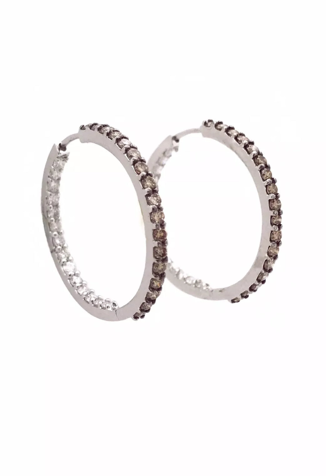 2.07 Total Carat Weight Diamonds Wht-Choc (IN-Out)14K White Gold Hoop Earrings