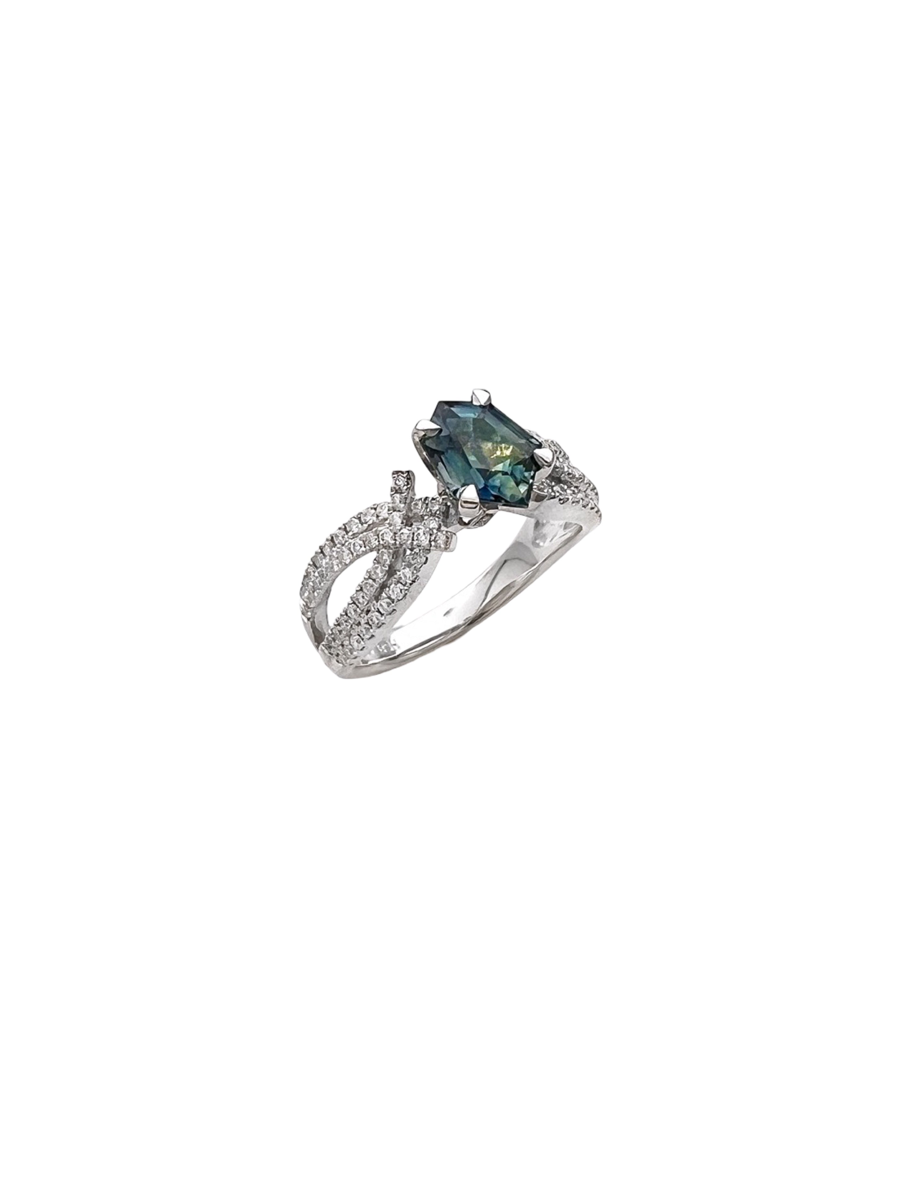 1.28 Carats Madagascar Sapphire No Heat (Certified) & 0.57 Carats Diamonds Set In 14 Karat White Gold Ring