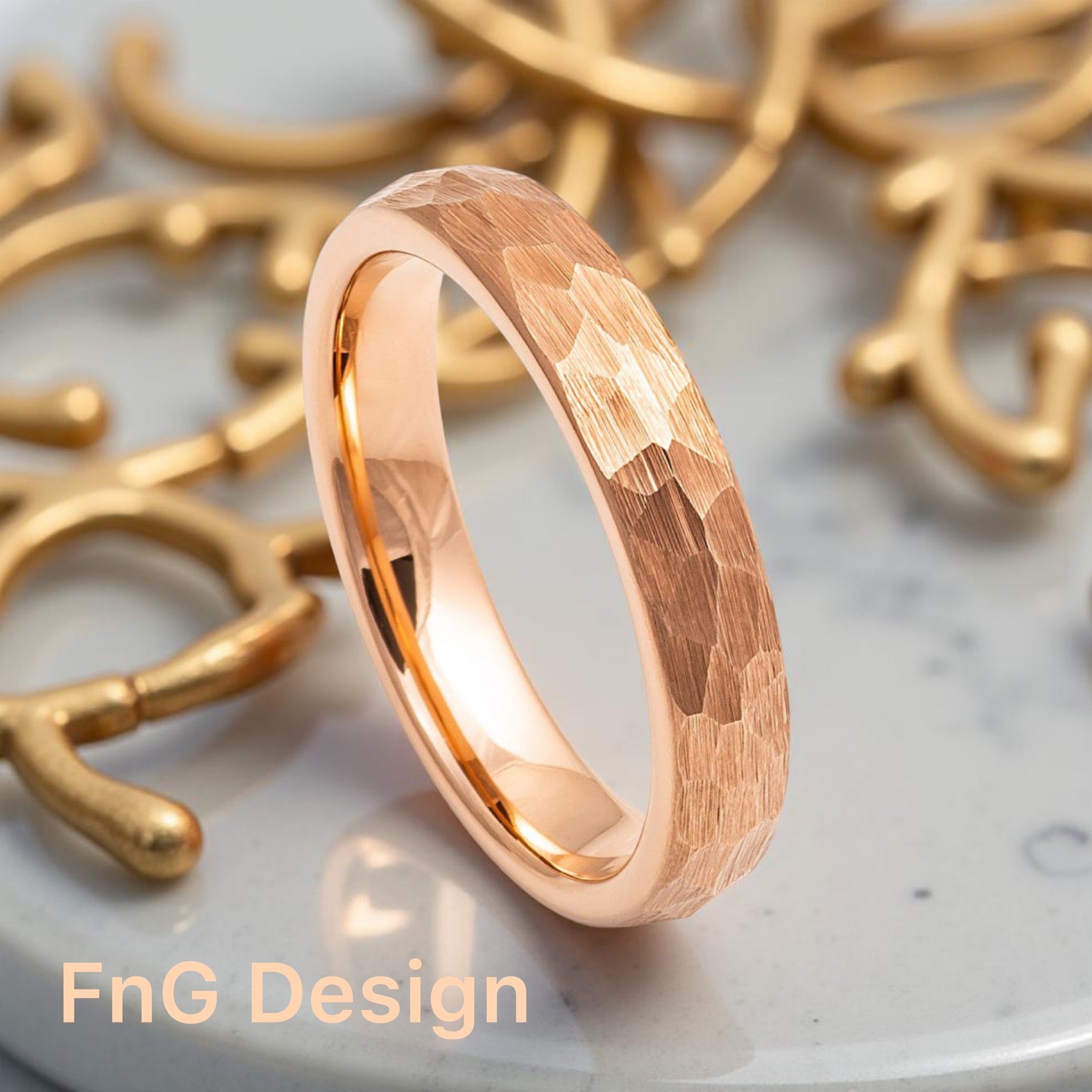 Rose Gold Tungsten Carbide 4mm ion Plating Dome Hammered Brushed Pipe-Cut Ring