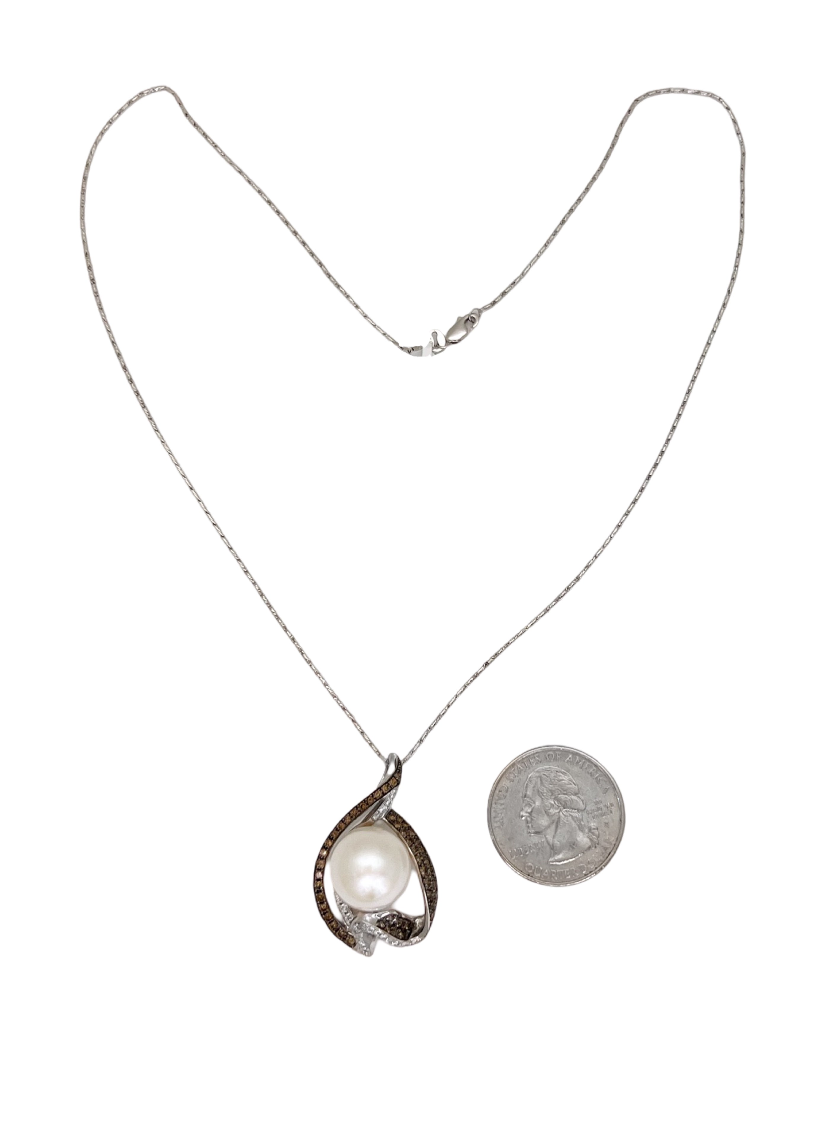 White South Sea Pearl & 1.03 Carats Of Chocolate-White Diamonds Set in 18 Karat White Gold Pendant & Chain Necklace