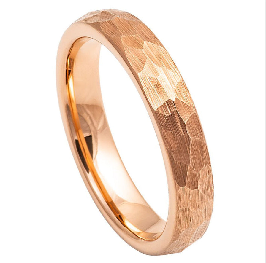Rose Gold Tungsten Carbide 4mm ion Plating Dome Hammered Brushed Pipe-Cut Ring