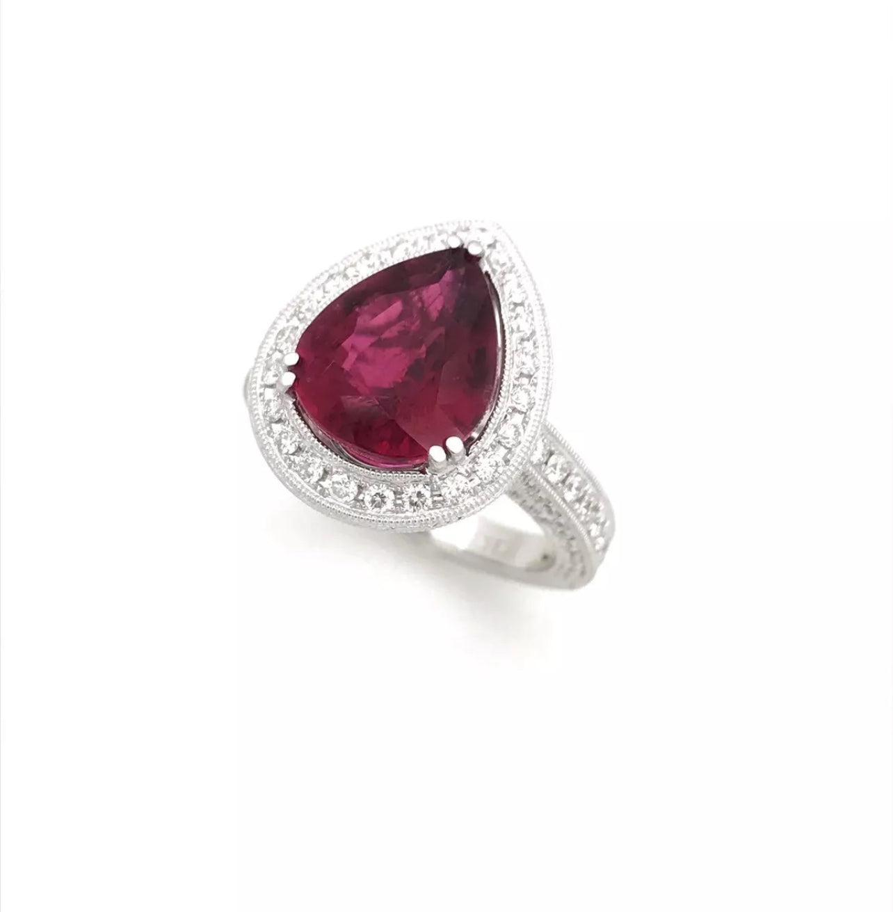 3.88Cts Rubellite Tourmaline (Certified) W/ 2.10Cts Diamonds 18K White Gold Ring