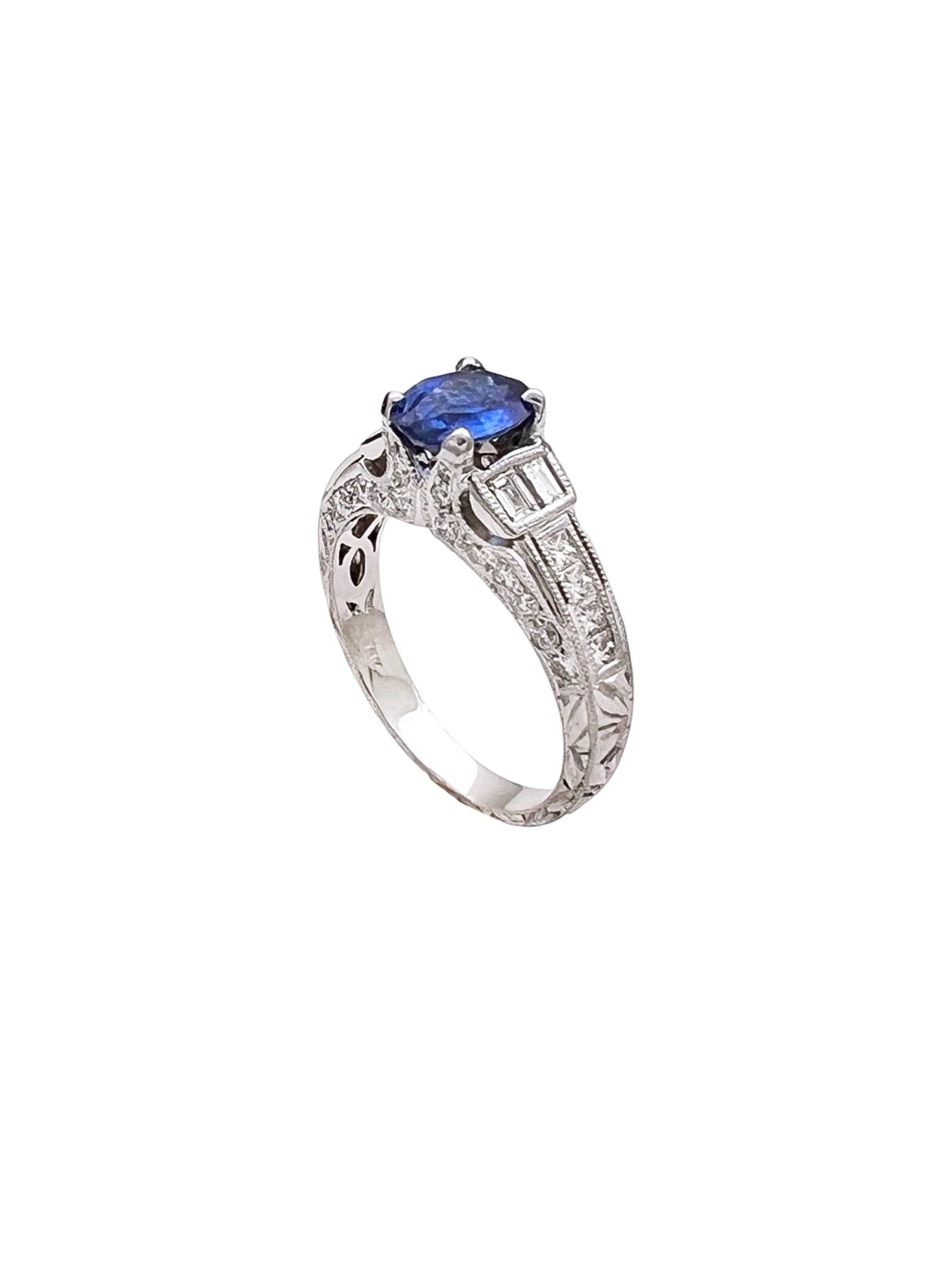 1.141Cts Medium-Dark Blue Sapphire Cert. W/1.02Cts Diamond 14K White Gold Ring