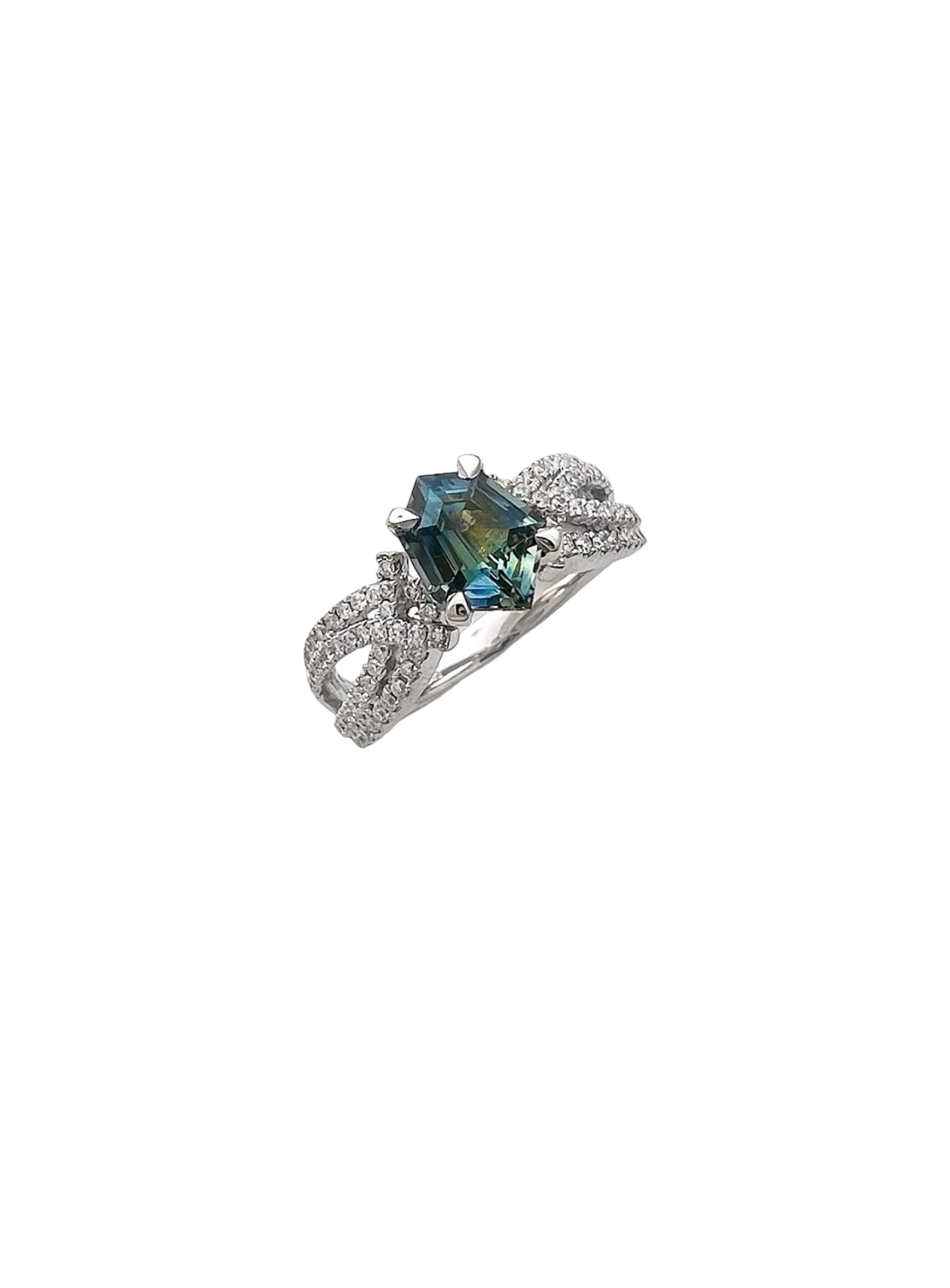 1.28 Carats Madagascar Sapphire No Heat (Certified) & 0.57 Carats Diamonds Set In 14 Karat White Gold Ring