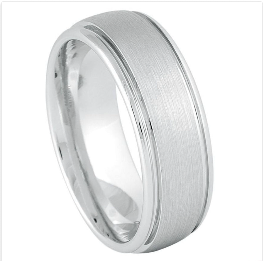 White Tungsten Carbide 8mm ion Plating Domed Grooved hi-Polished Center Brushed Finish Ring