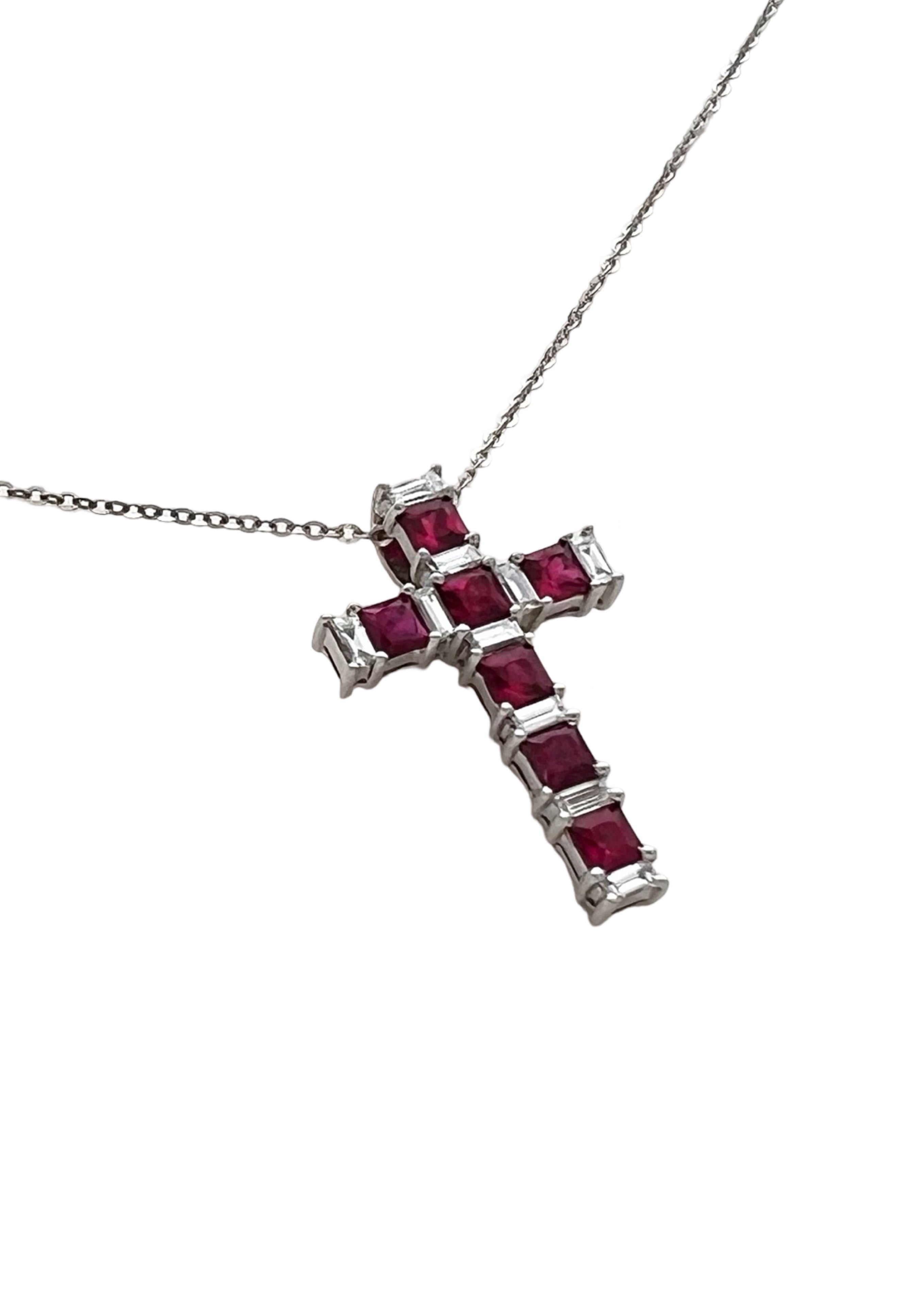 1.08Cts Rubies Burma(Certified) & 0.38Cts Diamonds 14K White Gold Cross W/Chain