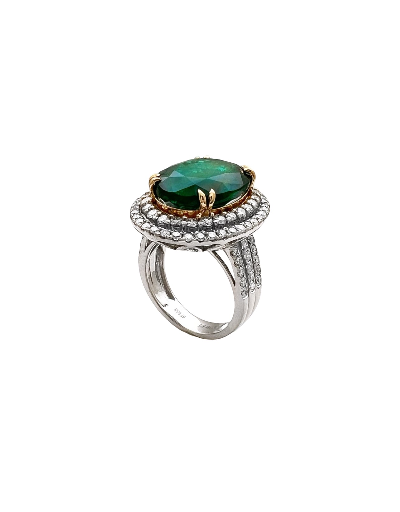 10.21 Carats Brazilian Emerald F2 (Certified) & 2.03 Carats Diamonds Double Halo Ring – 14K White & Yellow Gold Ring