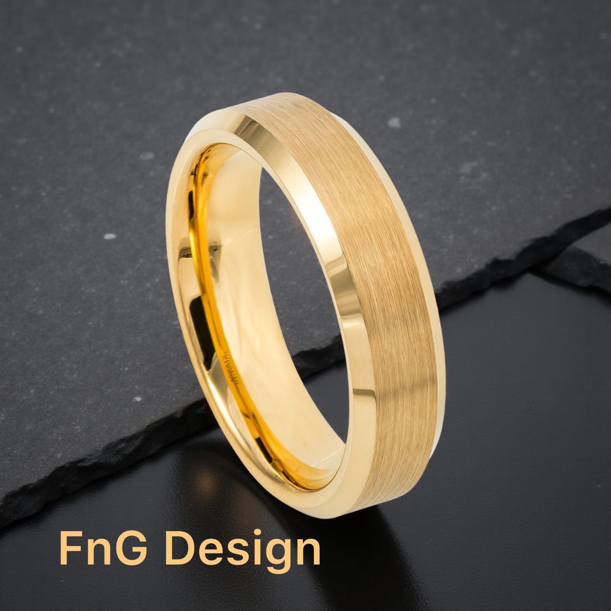Gold Tungsten Carbide 6mm ion Plating Flat Brushed hi-Polished Bevel Ring