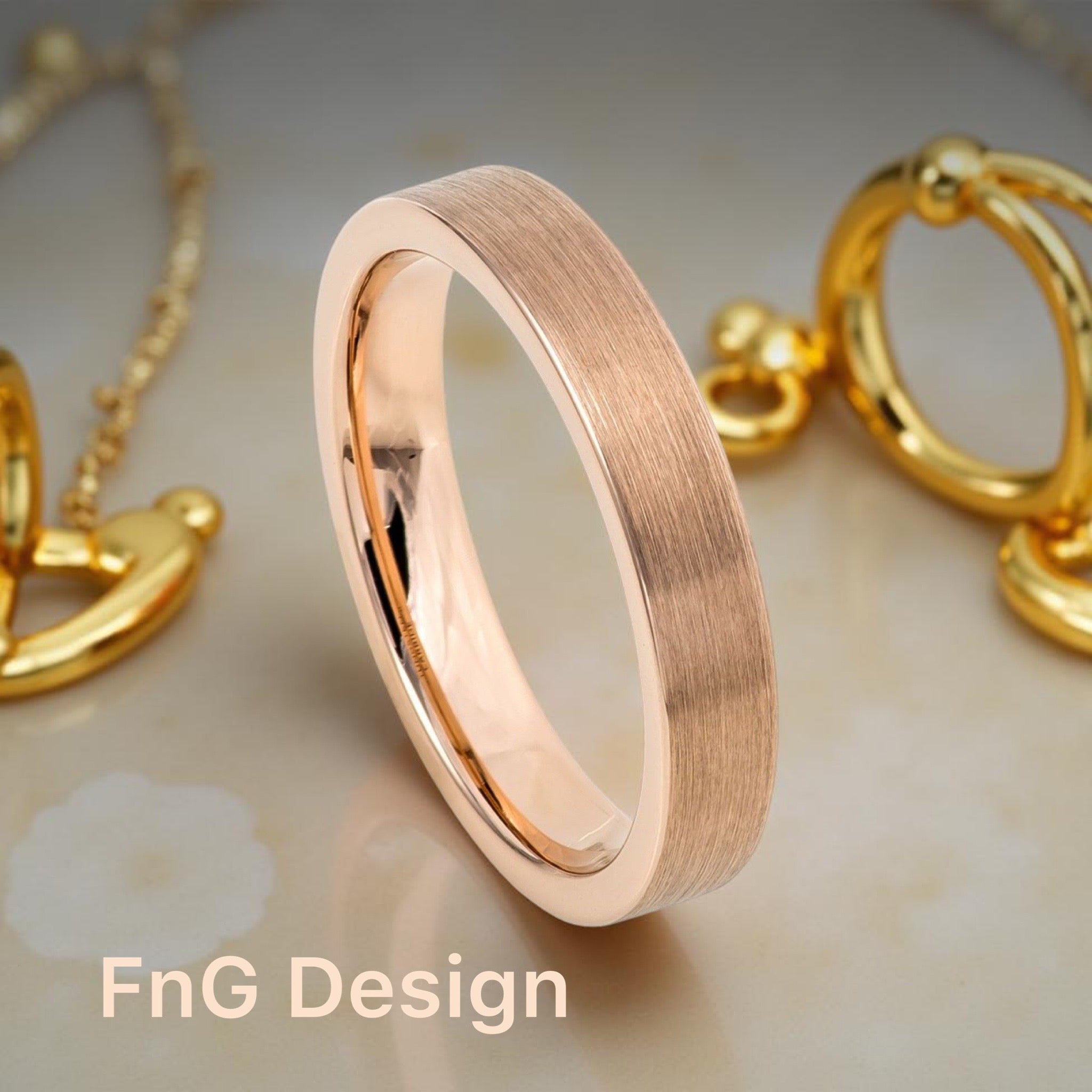 Rose Gold Tungsten Carbide 4mm ion Plating Flat Brushed Pipe Cut Ring