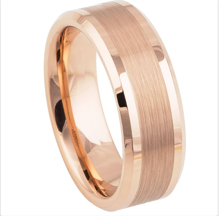 Rose Gold Tungsten Carbide 8mm ion Plating Flat Brushed Center hi-Polished Pipe Beveled Edge Ring