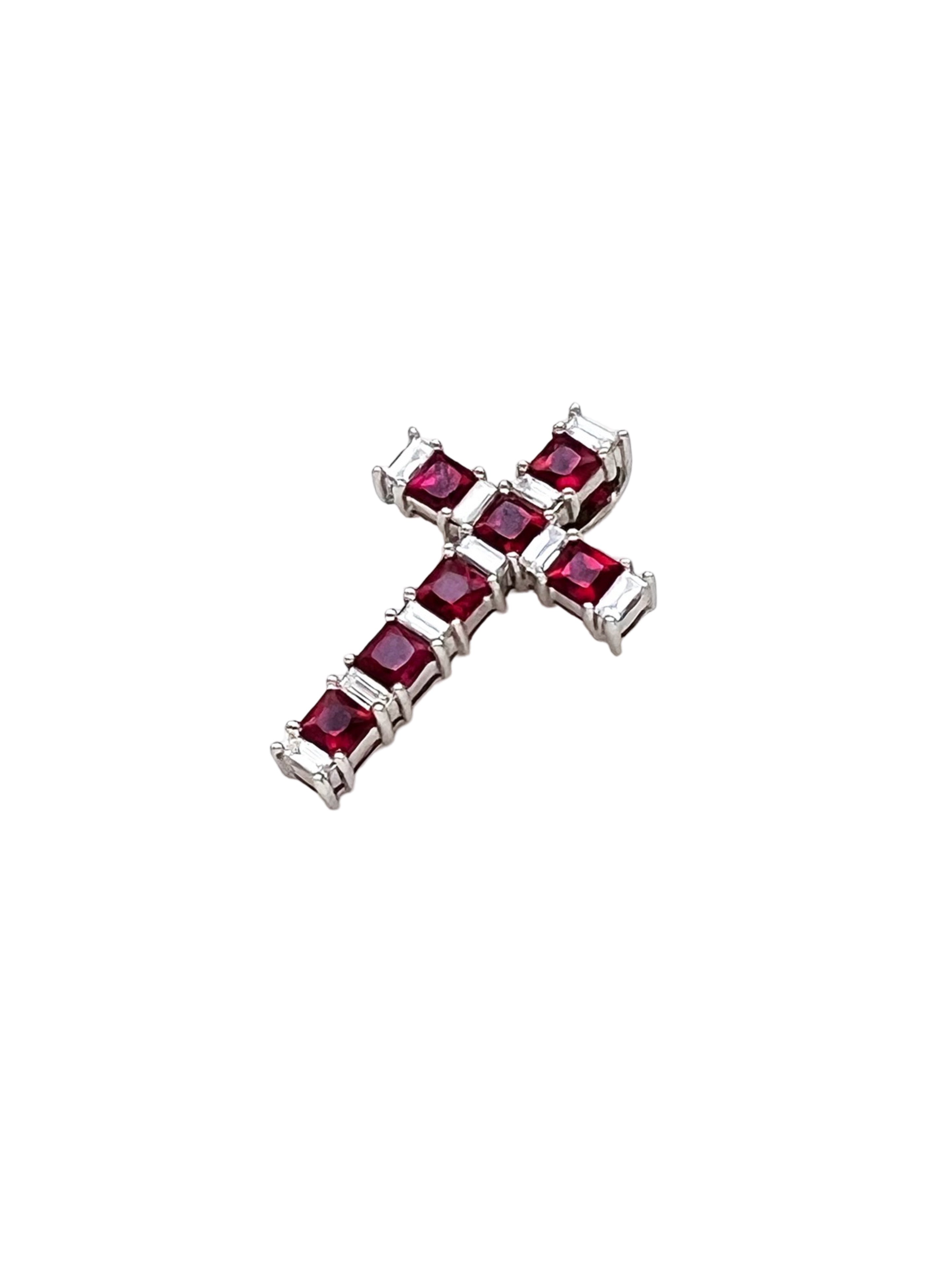 1.08Cts Rubies Burma(Certified) & 0.38Cts Diamonds 14K White Gold Cross W/Chain