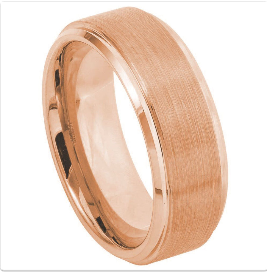 Rose Gold Tungsten Carbide 8mm ion Plating Flat Brushed Center & hi-Polished Step Cut Edge Ring