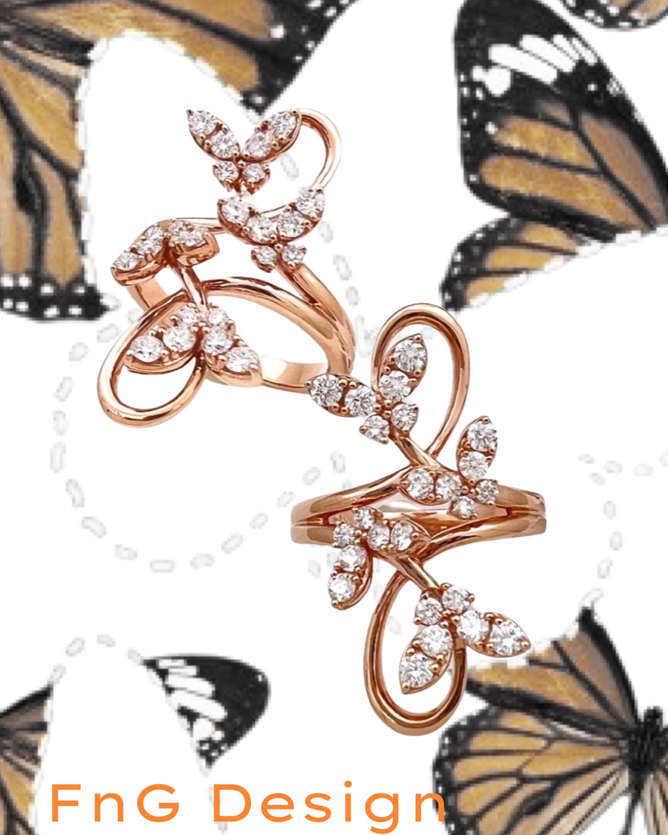 1.12 Carats Diamonds 18K Rose Gold Fluttering Butterflies Ring
